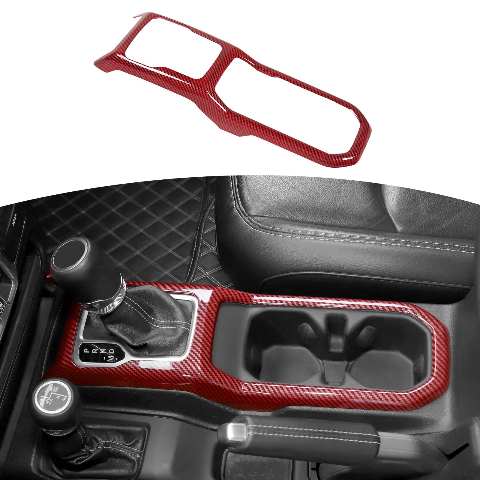 Jeep Wrangler JL JLU (2018+) & Gladiator JT (2020+) Gear Shift Cup Holder Panel Trim Cover - RT-TCZ Red Carbon Fiber Interior Accessories - Upgrade Your Off-Road Adventure & Daily Driving Style