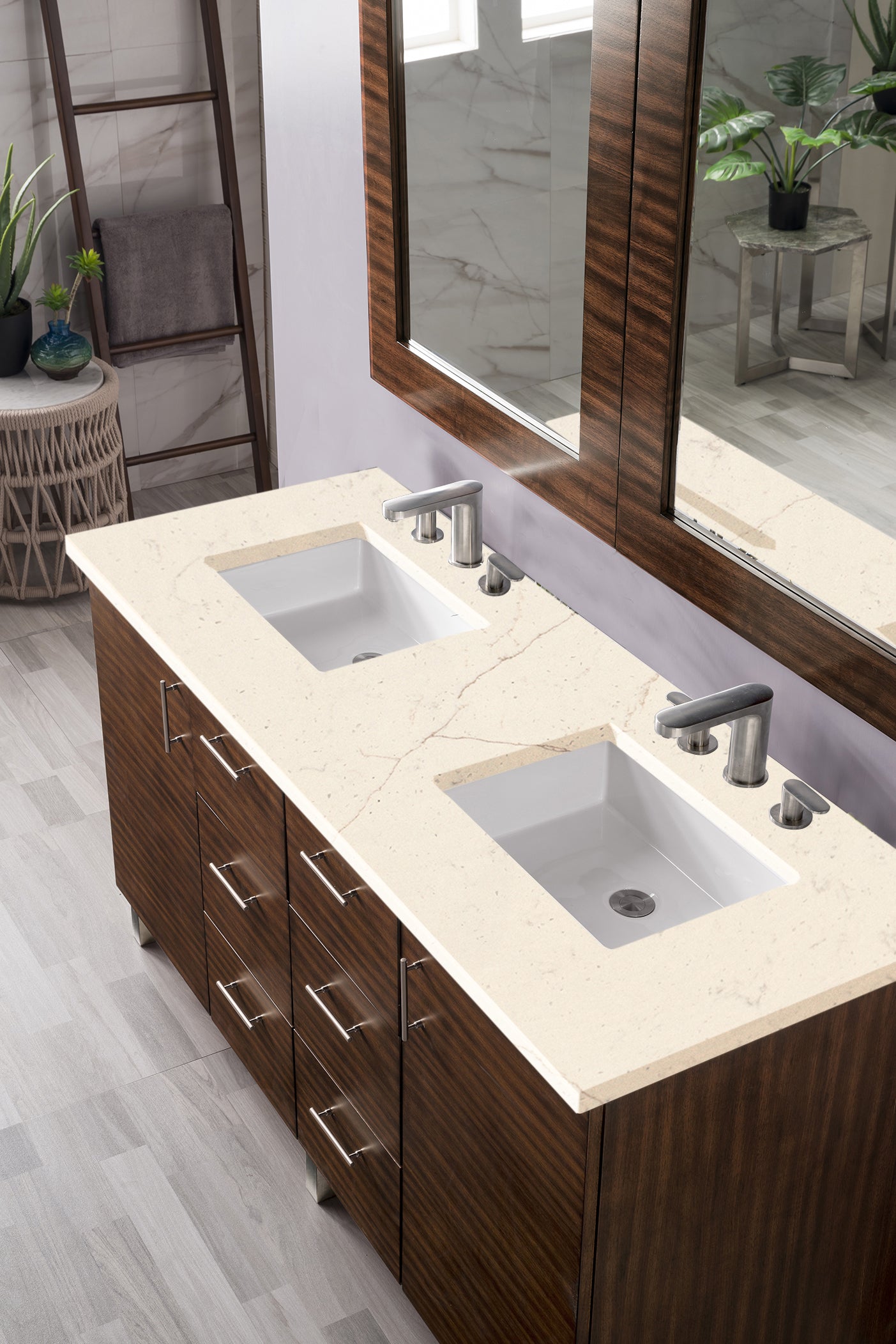 Metropolitan 60 Inch Double Bathroom Vanity with American Walnut Finish & 3CM Eternal Marfil Quartz Countertop - Perfect for Master Bathroom Renovation and Modern Home Decor