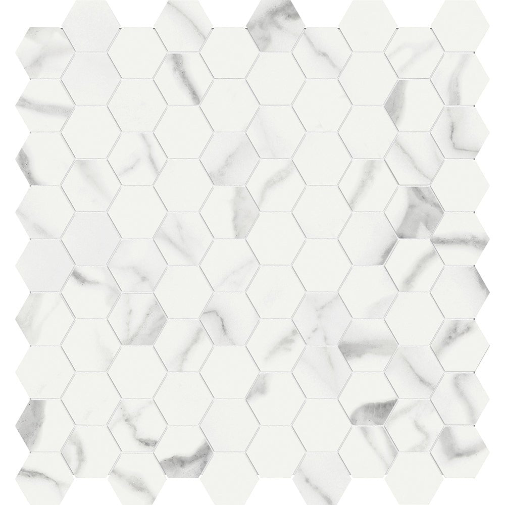 1.25 Inch Mayfair Statuario Venato Hexagon Polished Glazed Porcelain Mosaic Tile - Premium Bathroom & Kitchen Backsplash, Shower Wall, Flooring Decor