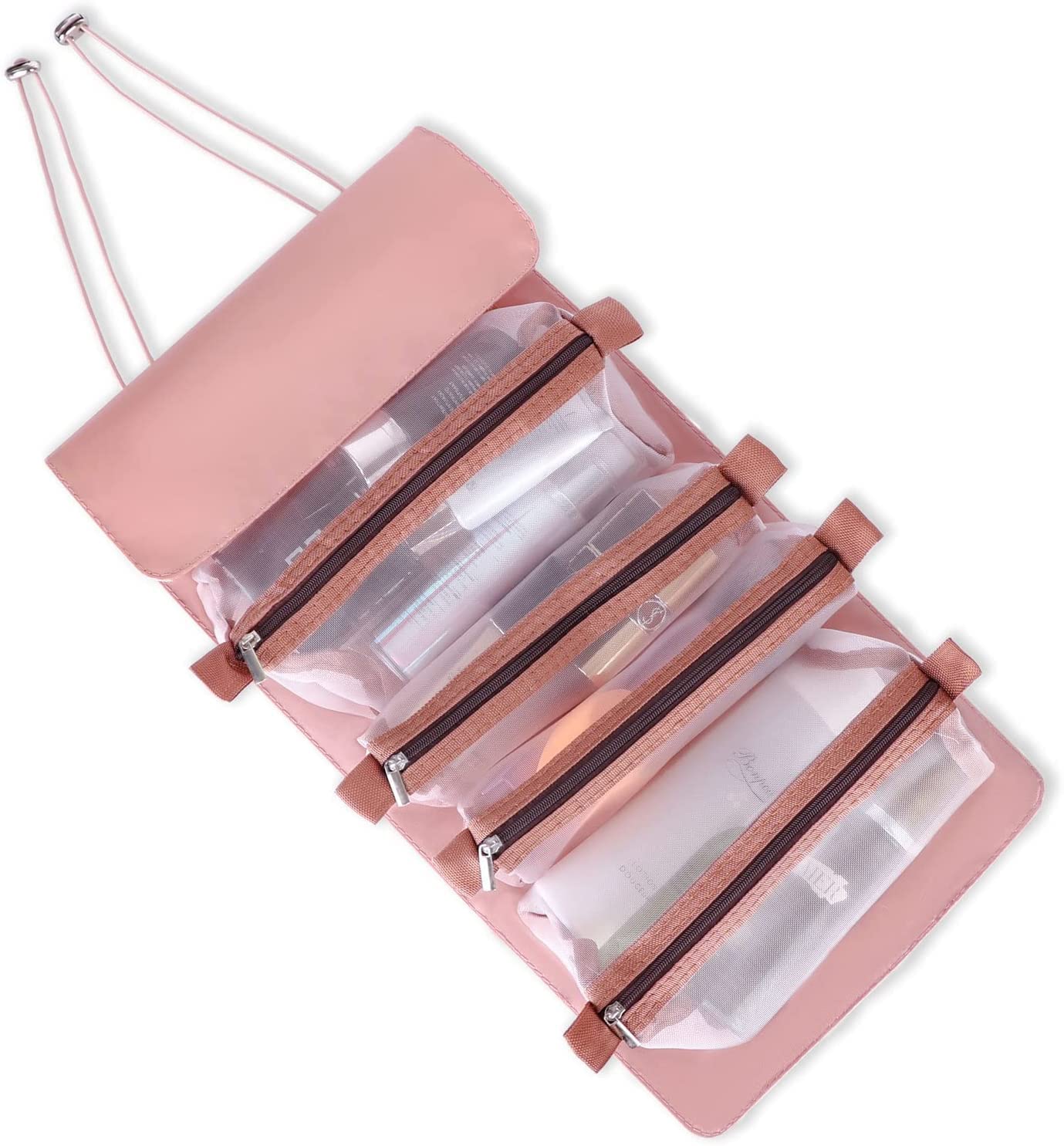 RRJ 4-in-1 Foldable Hanging Travel Makeup Bag - Waterproof Cosmetic Organizer with Multiple Pockets for Women & Girls (Pink) | Perfect for Vacation, Gym, Camping & Daily Use
