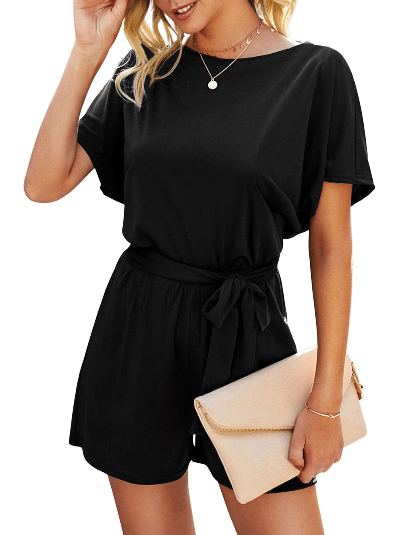 SweatyRocks Women's Short Sleeve Keyhole Back Jumpsuit - Summer Casual Romper with High Waist & Belt | Perfect for Beach, Vacation & Outdoor Activities