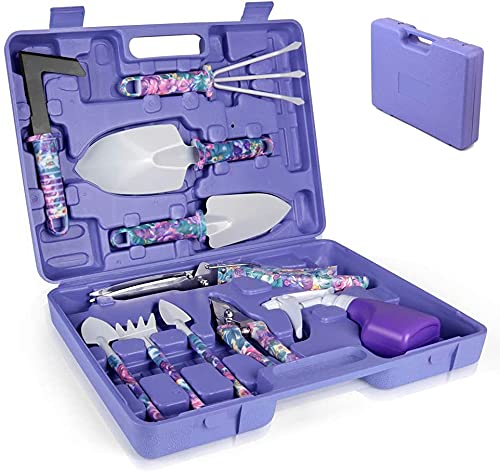 Kingsea 10-Piece Stainless Steel Garden Tools Set - Planting, Succulent Transplanting Hand Tool Kit with Carrying Case - Ideal Gardening Gift for Women (Purple) - Perfect for Home Gardening, Landscaping & Outdoor Planting Projects