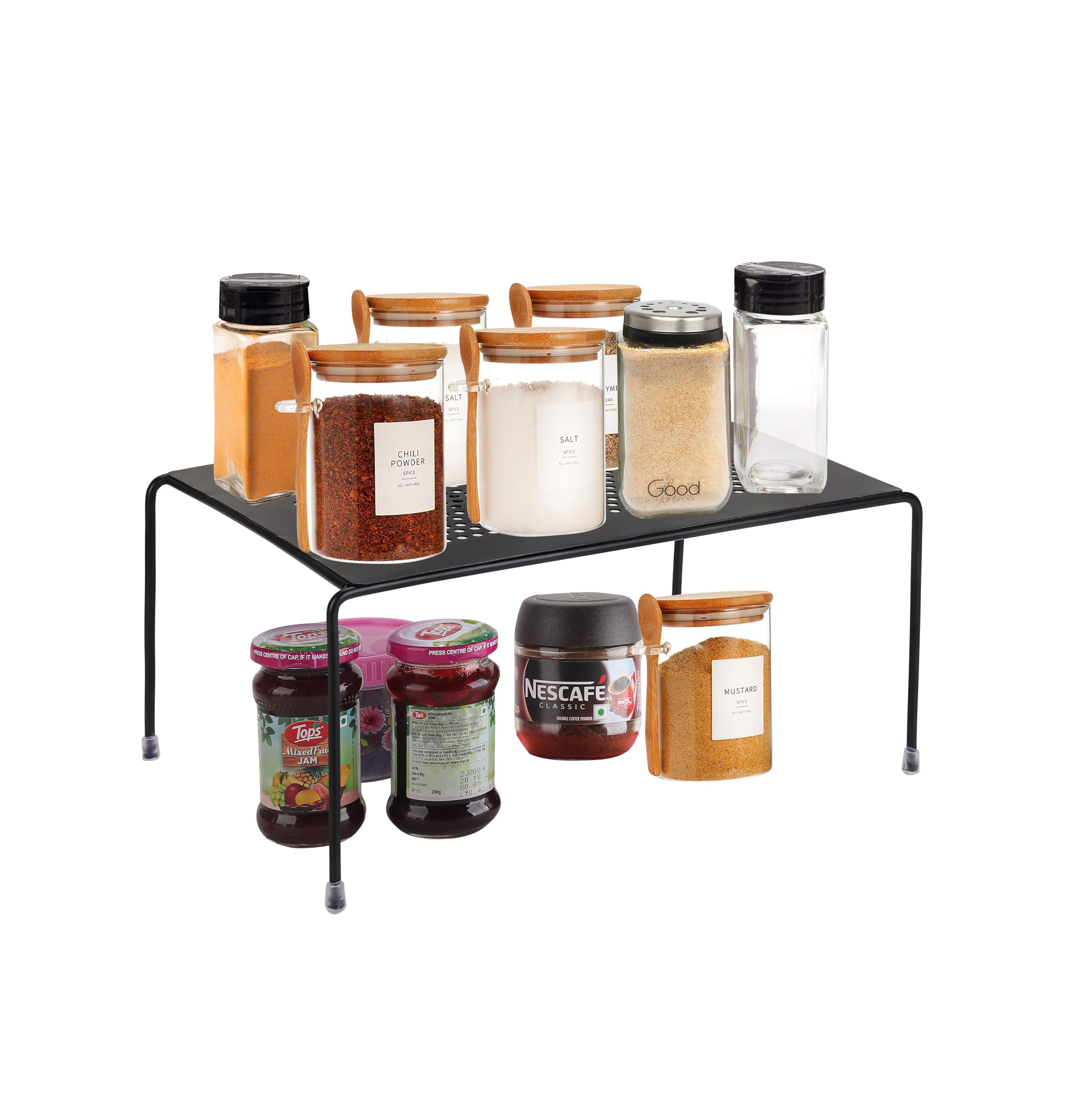 AB99 COLLECTION Metal Kitchen Dish Rack - Space Saving Utensil Organizer & Cookware Storage Stand for Plates, Bowls & Food | 2-Tier Cabinet Shelf for Countertop | Perfect for Small Kitchens & Apartment Living (Black, Pack of 1)