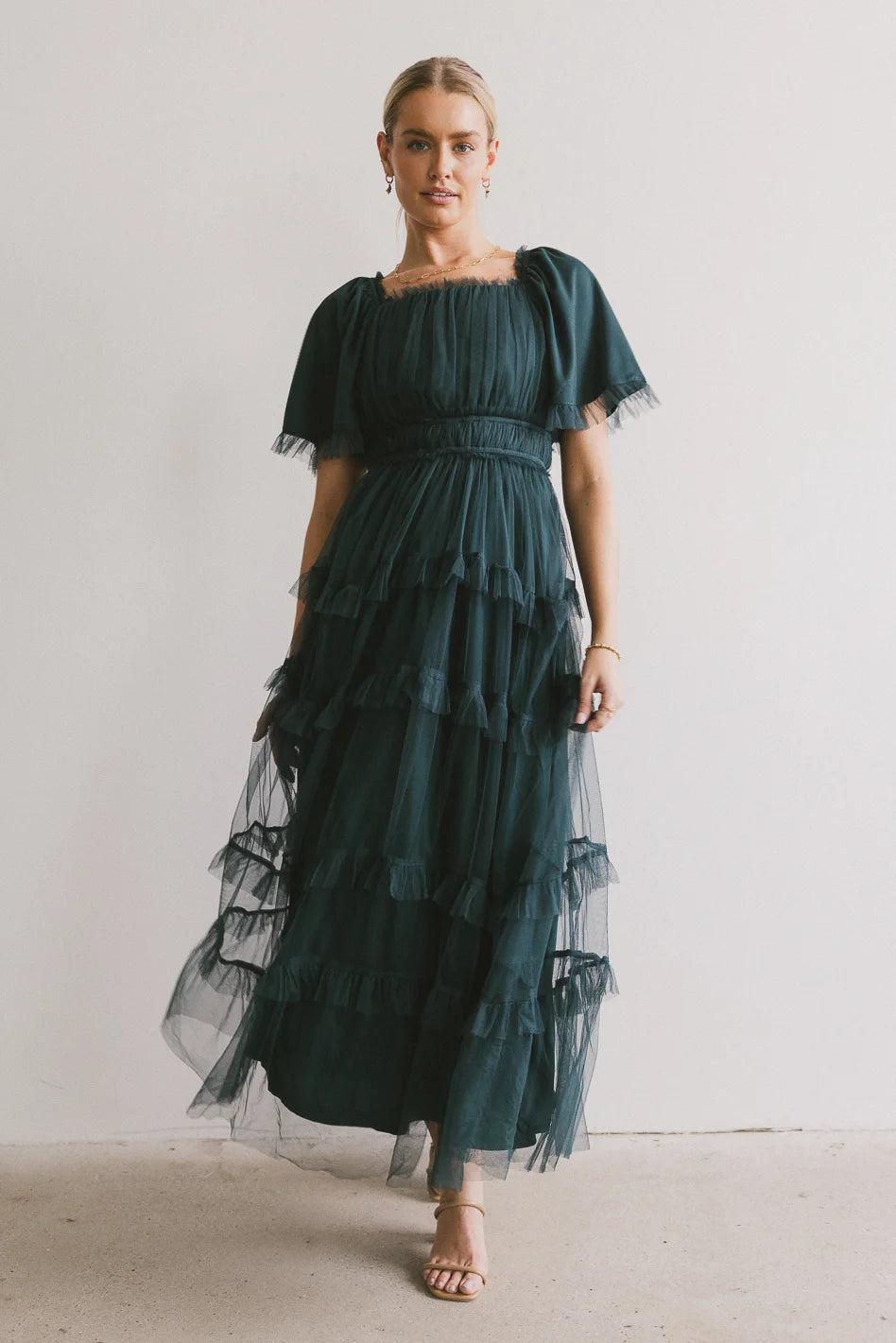 Eugena Ruffled Maxi Dress in Hunter Green - Flowy Summer Dress for Women, Beach Wedding Guest Outfit, Boho Chic Fashion | Final Sale