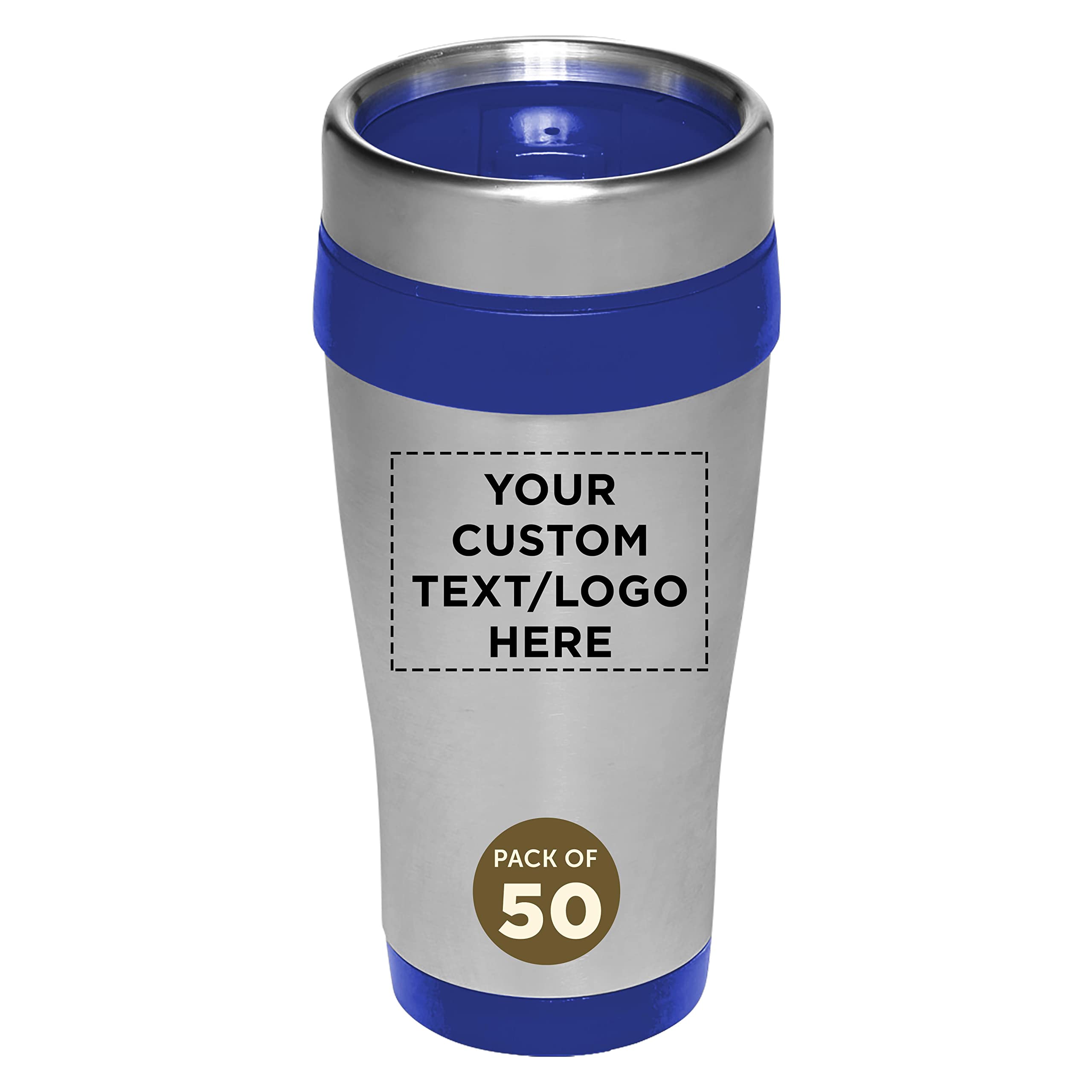 Custom Insulated Stainless Steel Travel Mugs 16 oz (50-Pack) - Personalized Bulk Coffee Cups for Hot & Cold Beverages - Reusable Drinkware for Office, Events, Promotions & Gifts - Blue