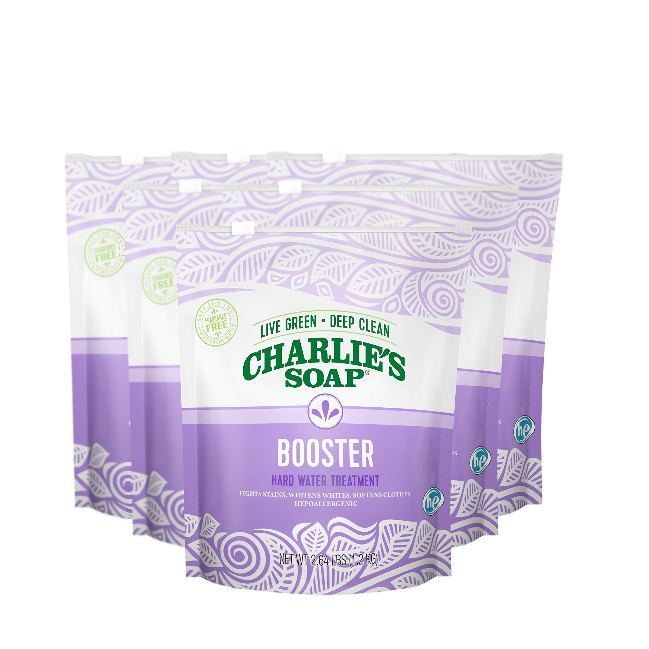 Charlie's Soap Hypoallergenic Laundry Booster - Hard Water Treatment & Stain Remover, Softens Clothes, 2.64lb Bag (Pack of 6) - Ideal for Sensitive Skin, Baby Clothes & Tough Stains