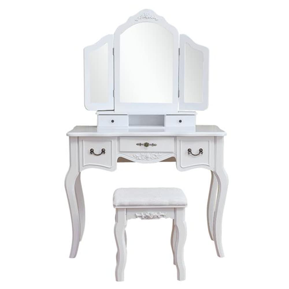 Modern White Wood Makeup Vanity Set with Tri-Fold Mirror, Dressing Table & Stool, 5 Drawers - Elegant Bedroom Furniture for Women & Girls | Perfect for Makeup, Skincare & Dressing Room Organization