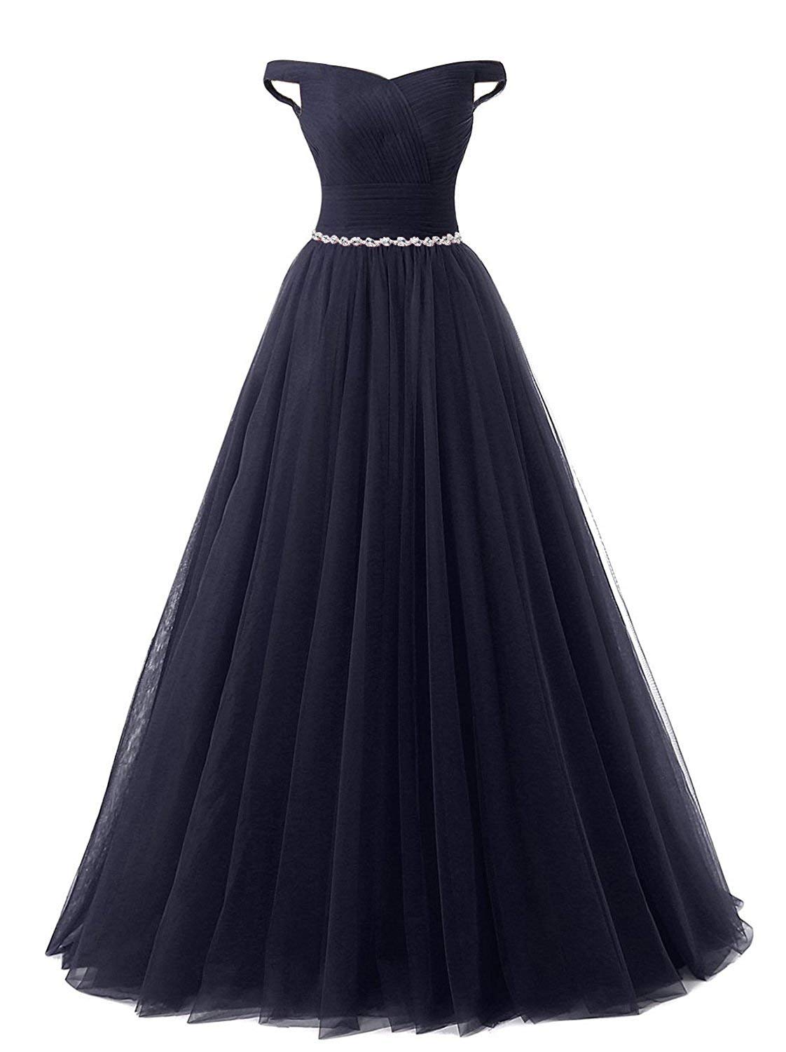 BellaBridal Women's Long Tulle Crystal Formal Prom Dress Off Shoulder Quinceanera Gown - Navy Blue 020 | Perfect for Prom Night, Homecoming, Wedding Guest & Special Occasions