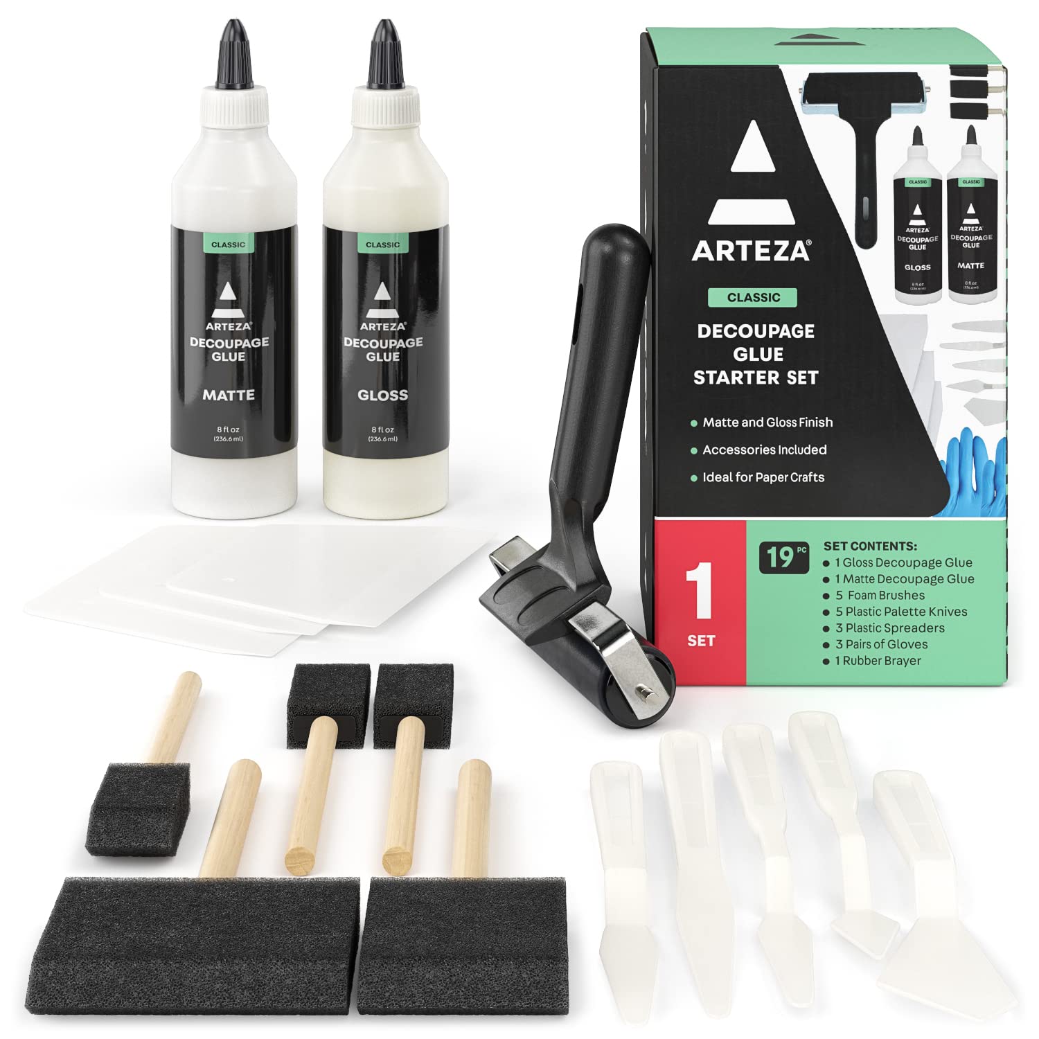 Arteza Decoupage Glue Craft Kit - 8oz Gloss & Matte Finish Glue with Foam Brushes, Spreader Tools & Gloves - Perfect for Paper Crafts, Scrapbooking, Home Decor & DIY Projects - Ideal for Artists, Crafters & DIY Enthusiasts