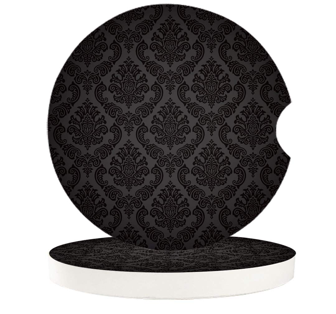 Baroque Floral Car Coasters Set of 2 - Absorbent Ceramic Stone Drink Coasters with Finger Notch for Easy Removal - Elegant Damask Round Coasters for Cars, Perfect for Road Trips, Commuting and Protecting Your Cup Holder from Spills