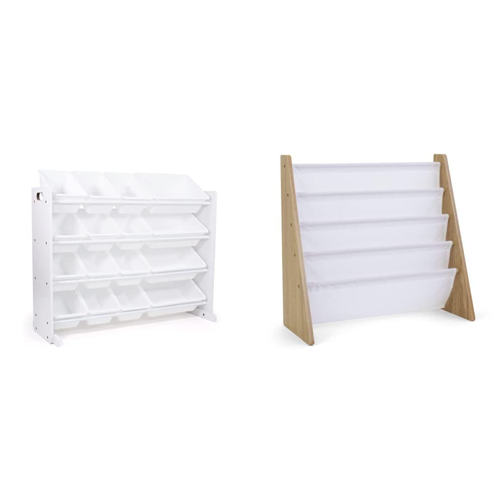 Humble Crew Extra-Large Toy Organizer with 16 Storage Bins - White/White & Natural/White Kids Book Shelf with Deep Sleeves - Perfect for Nursery, Playroom & Classroom Organization