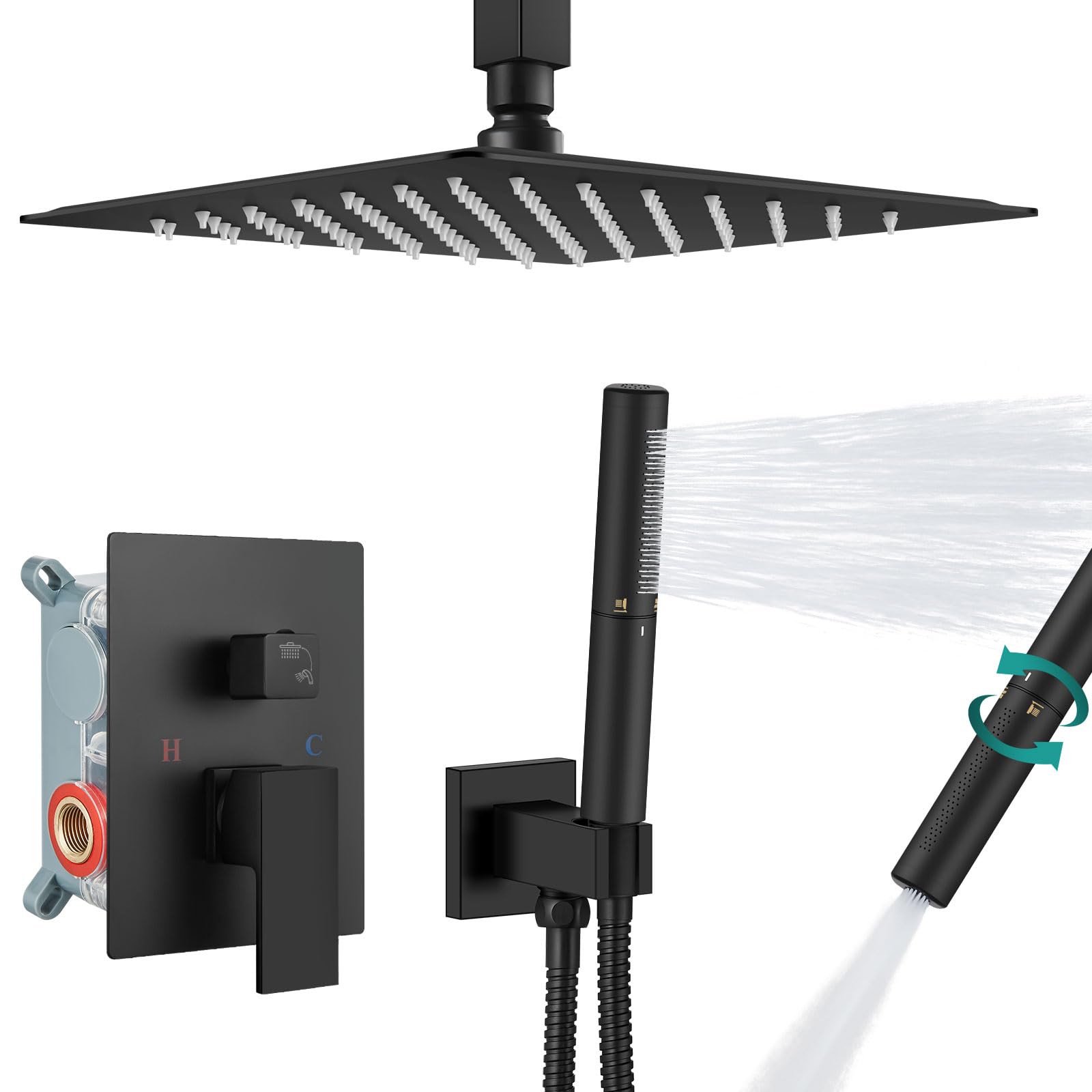 Aolemi Matte Black Ceiling Mount Shower System - 12 Inch Rainfall Shower Head & High Pressure Handheld Spray Combo with 2-in-1 Rough-in Valve | Perfect for Spa-Like Bathroom Experience & Modern Home Renovation