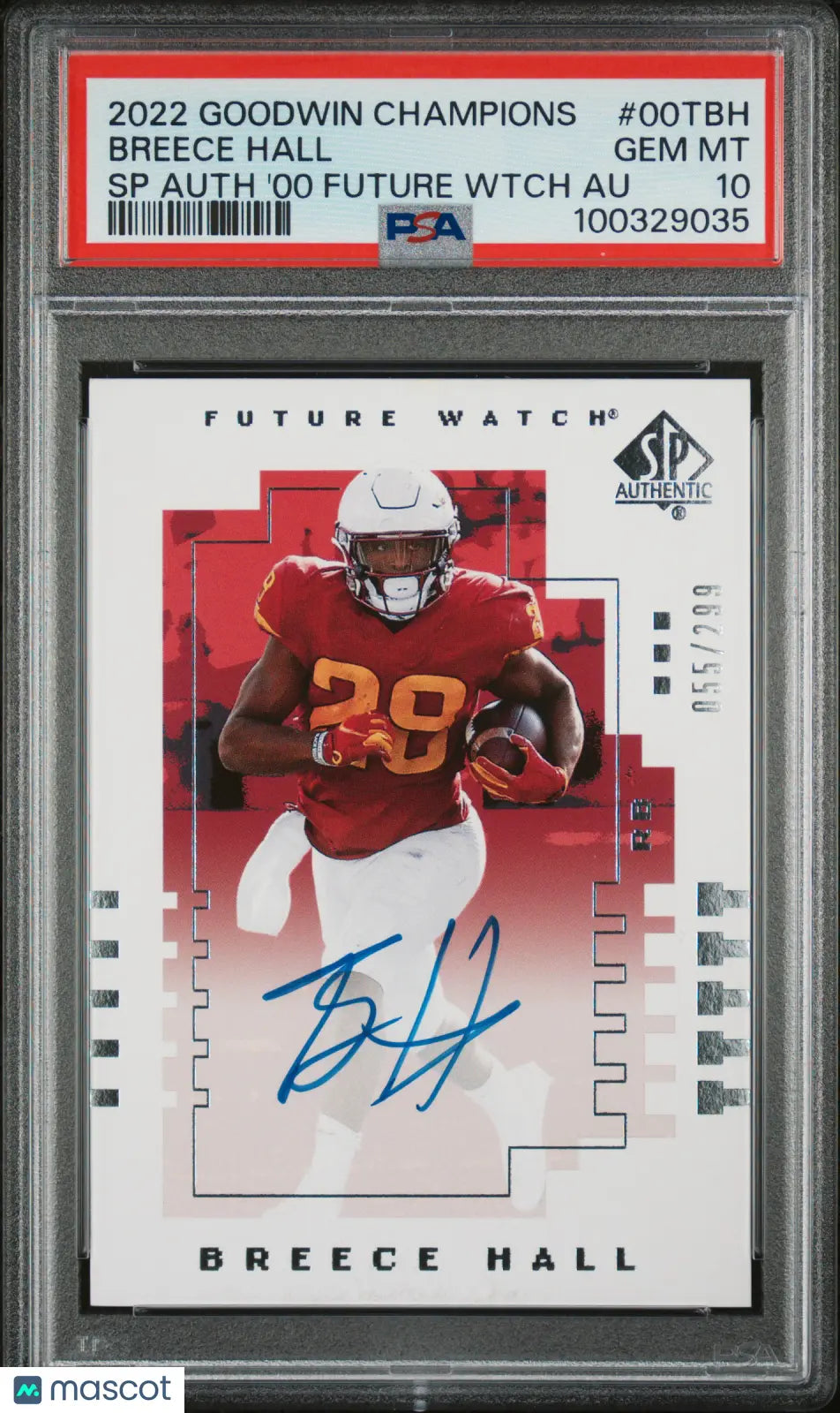 2022 Goodwin Champions SP Authentic Breece Hall Future Watch Auto PSA 10 /299 - Rare Football Rookie Card for Collectors & Sports Fans - Perfect for Trading, Displaying & Investment