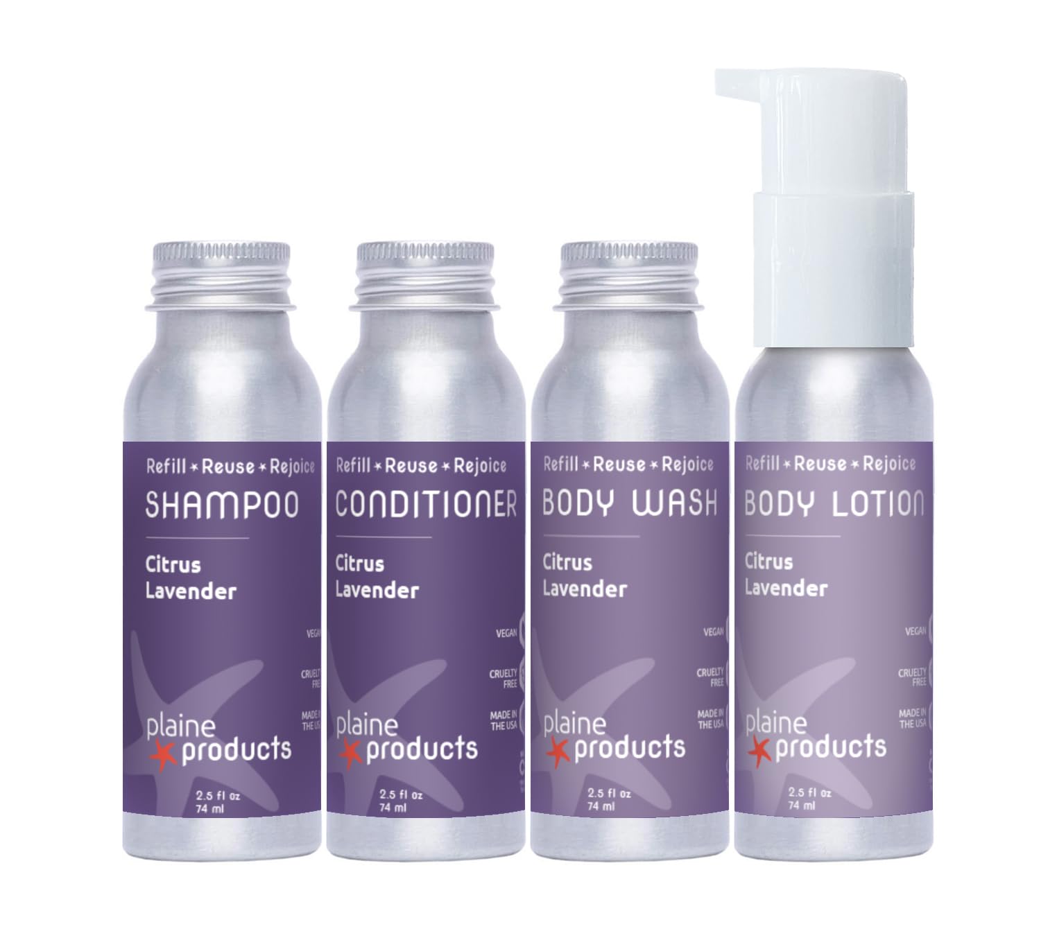 Refillable 2.5 oz Travel Size Shampoo, Conditioner, Body Wash & Lotion Set - Sulfate Free, Citrus Lavender Scent - Perfect for Camping, Gym, Air Travel, Hotel Stays | Ideal for Backpacking, Business Trips, Vacation & Daily Commute | TSA Approved for Carry-On Luggage & Compact for Everyday Use