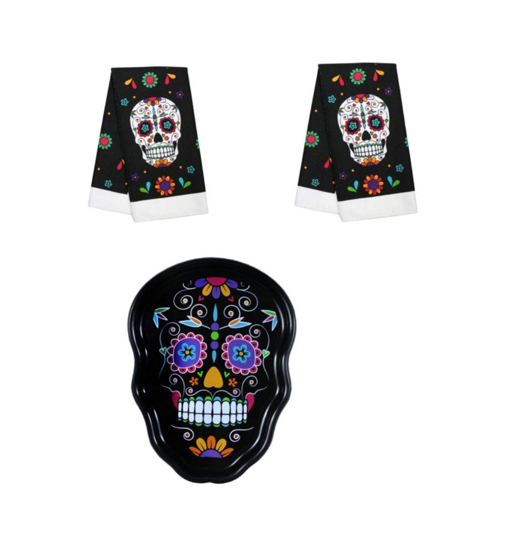 Day of the Dead Skull Kitchen Towel Set - Halloween Candy Bowl & Floral Hand Towels - Catrina Calavera Decor for Dia de Muertos Celebrations & Gothic Home Decor