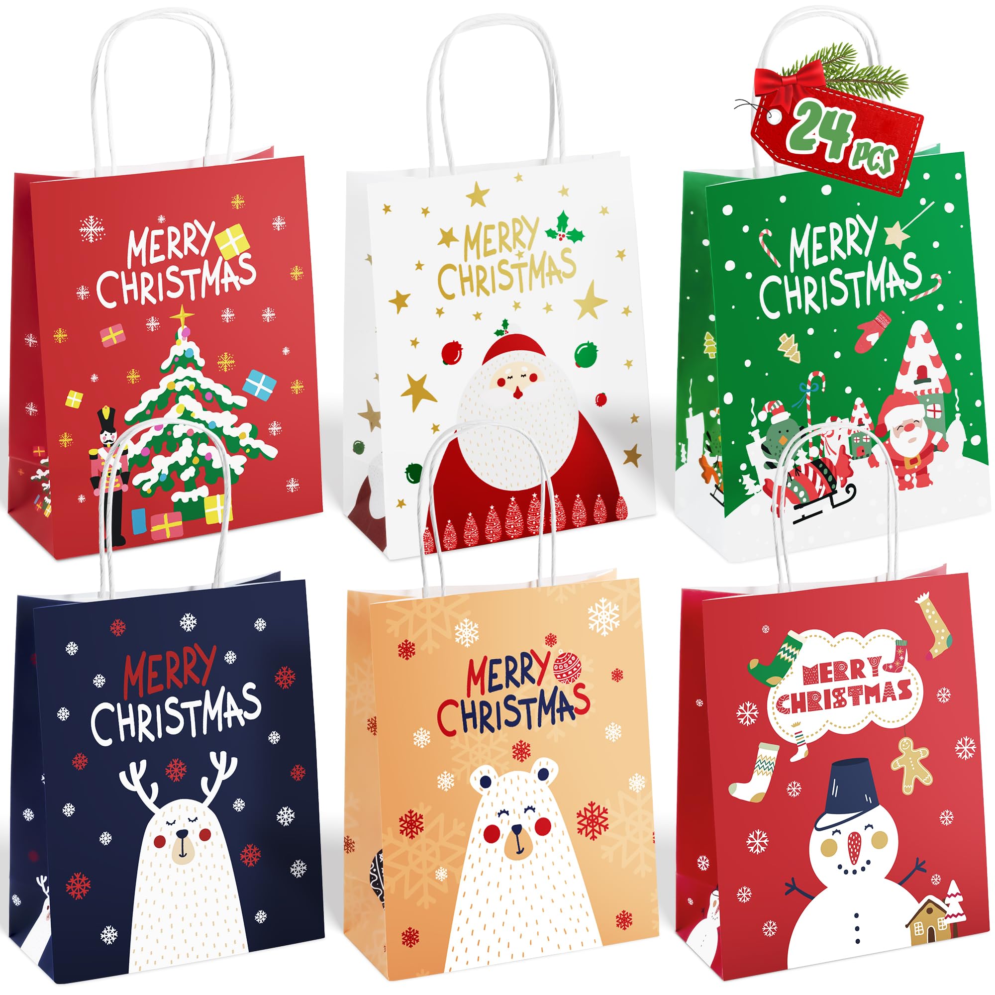 ILEBYGO 24 PCS Christmas Gift Bags with Assorted Holiday Designs - Large Kraft Paper Gift Bags with Handles for Christmas Party, School Classroom, Office Exchange & Holiday Gift Wrapping (24 Count)