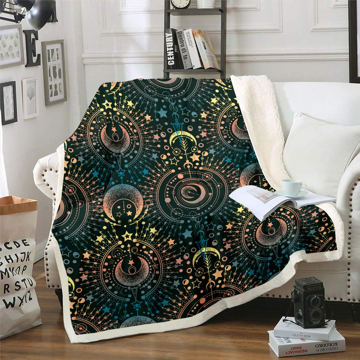 Bohemian Geometric Sun & Moon Plush Fleece Throw Blanket - Ultra Soft Sherpa Blanket for Kids, Boys & Girls - 90