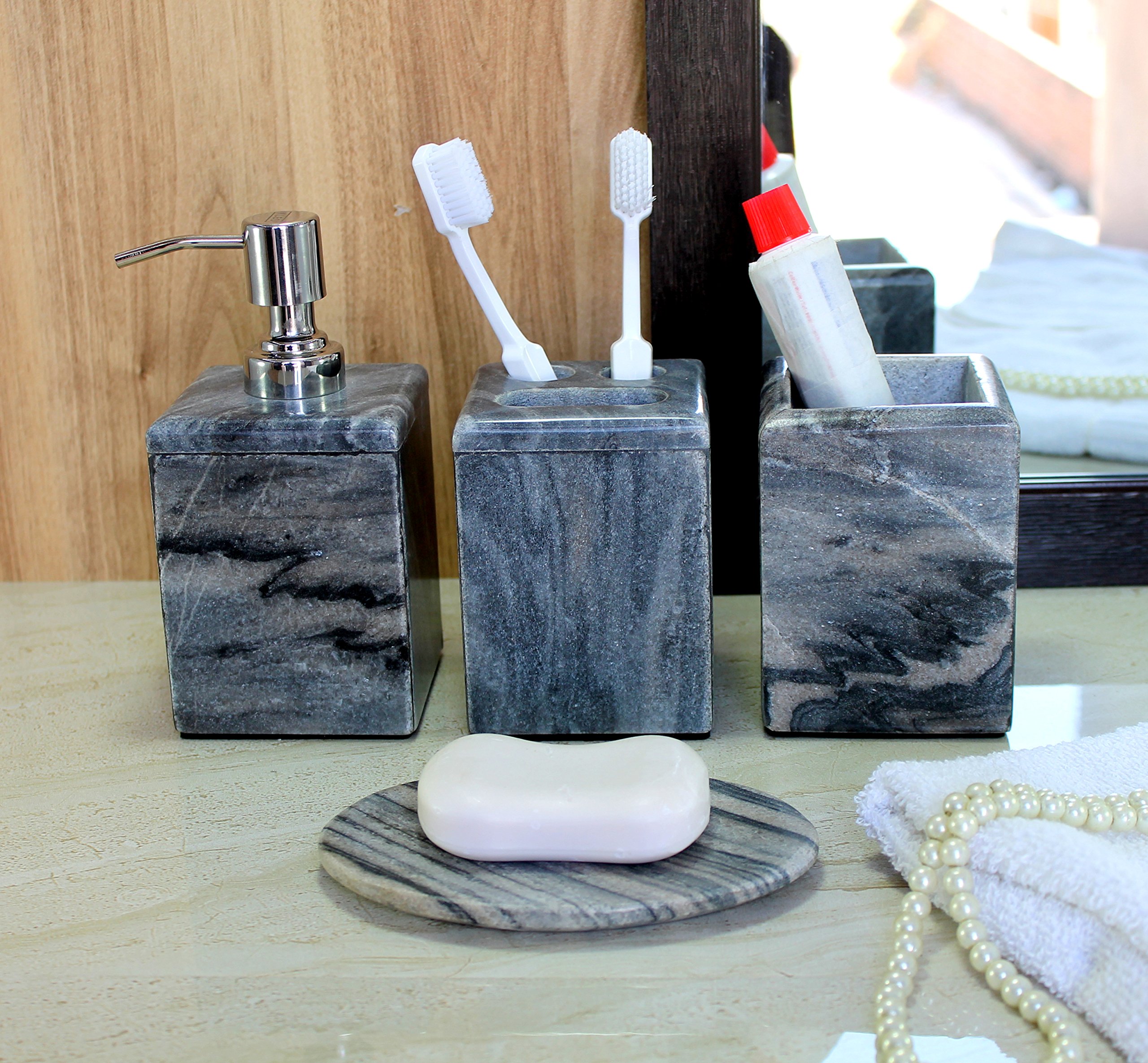Natural Stone Bathroom Set - 4-Piece Soap Dispenser, Toothbrush Holder & More for Spa-Like Luxury