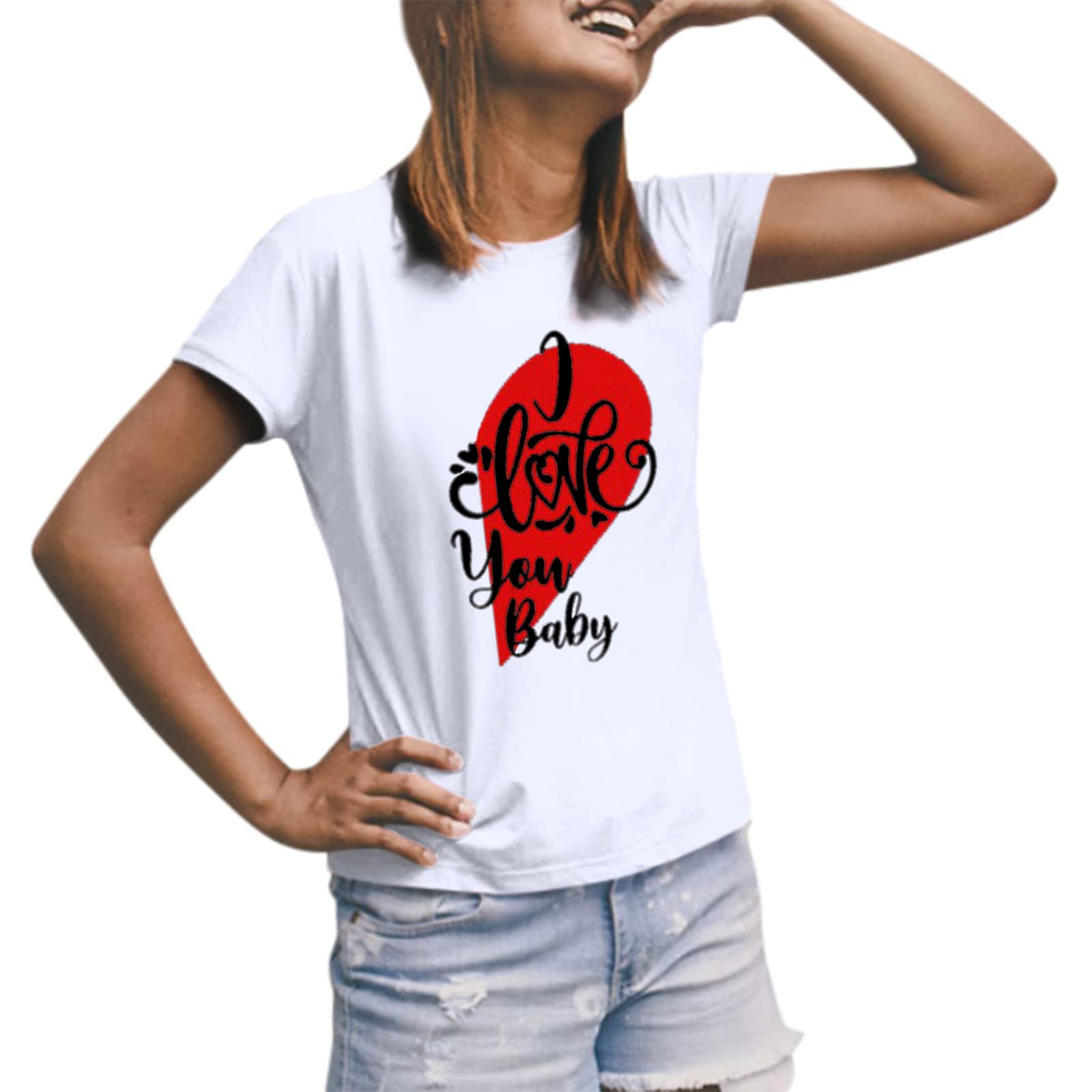 Sweetheart Print Short Sleeve Women's T-Shirt - Valentine's Day Couple Matching Top, Comfortable Round Neck Casual Tee for Women (White, XXXL) - Perfect for Date Nights, Anniversaries & Romantic Outfits