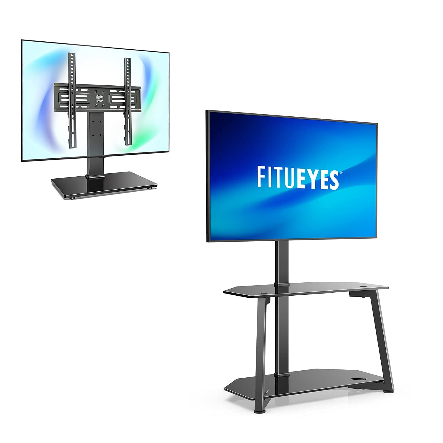FITUEYES Universal TV Stand - Table Top & Floor TV Mount for 23-55 Inch TVs - Black Tempered Glass TV Stand for Living Room, Bedroom & Office