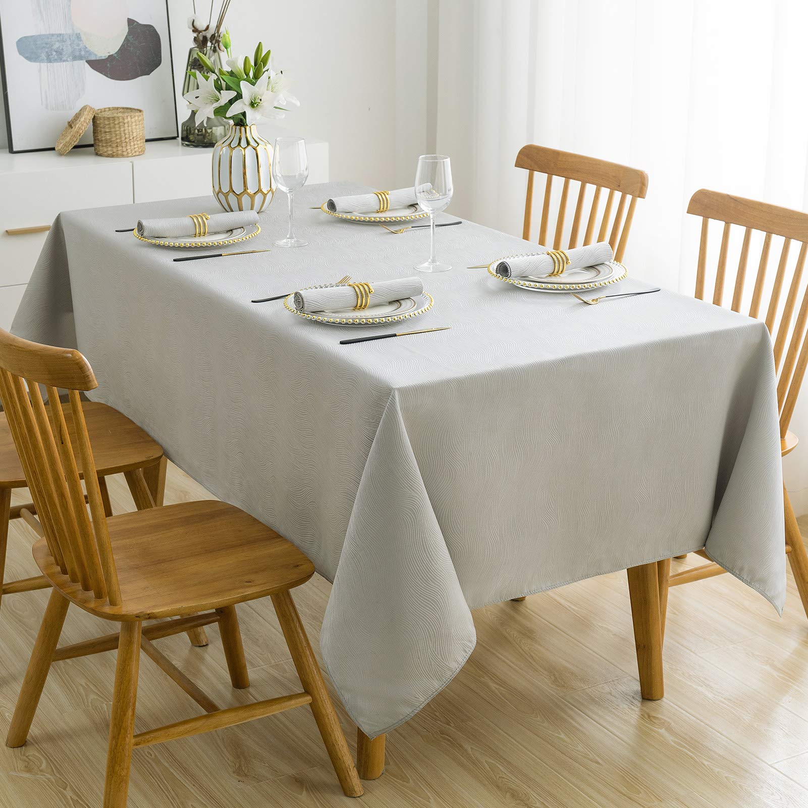 Waterproof Jacquard Swirl Design Rectangle Tablecloth - Wrinkle & Oil Resistant Dining Table Cover for Indoor & Outdoor Parties, Kitchen Decor - Light Grey 60