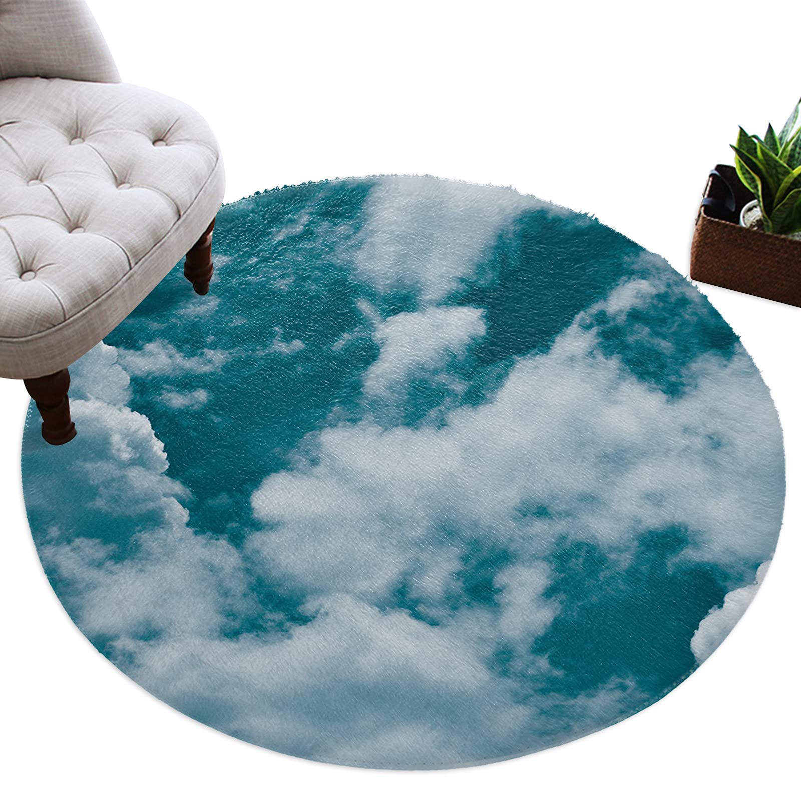 CHARMHOME 5ft Plush Circular Shaggy Carpet - Soft Blue Sky & White Clouds Design for Nursery & Living Room | Cozy Indoor Area Rug for Home Decor, Kids Playroom & Bedroom
