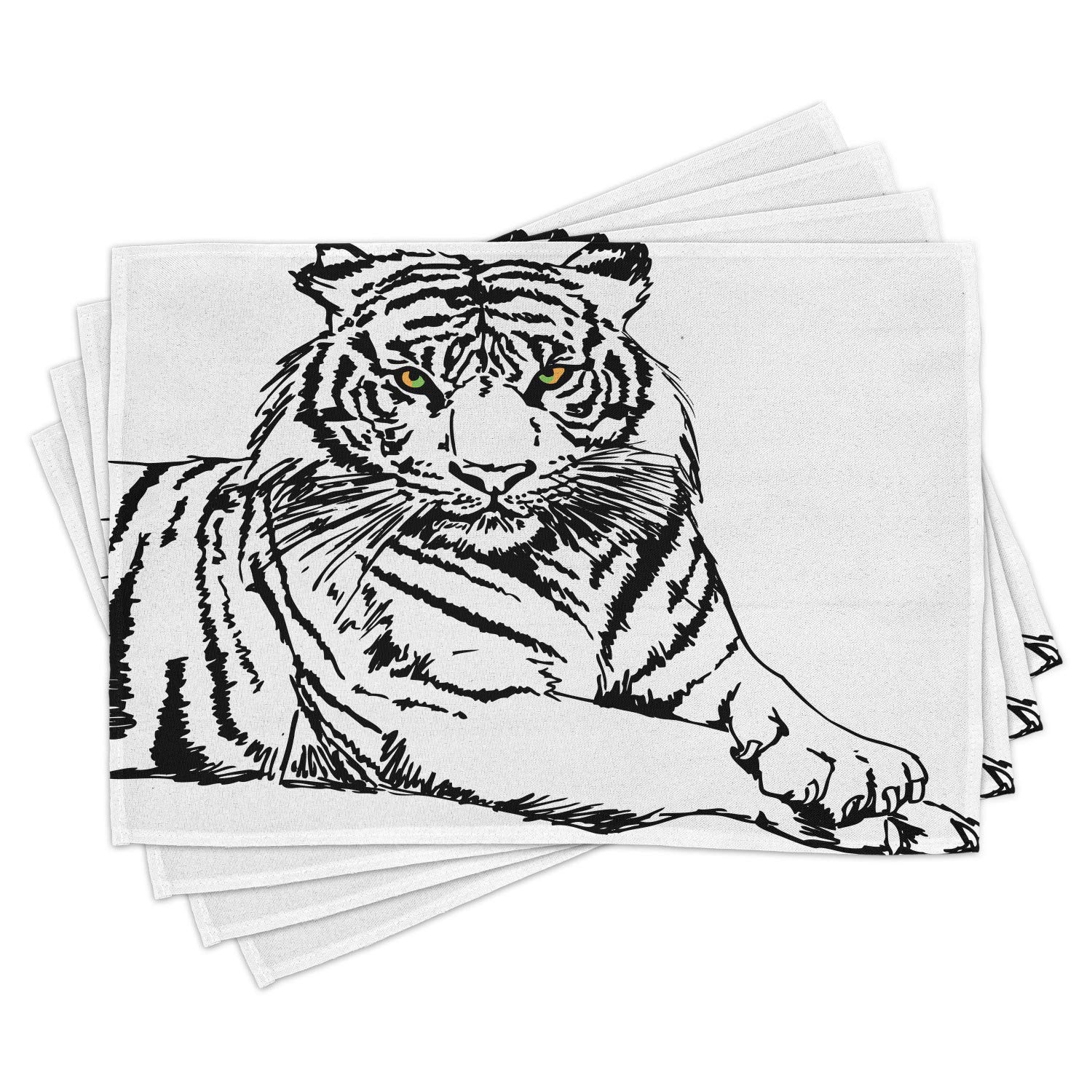 Ambesonne Savannah Place Mats Set of 4 - Posing Tiger Sketch with Sharp Eyes, Dark Stripes Art, Washable Fabric Dining Table Mats, Standard Size Black & White - Perfect for Dinner Parties, Holiday Gatherings & Home Decor