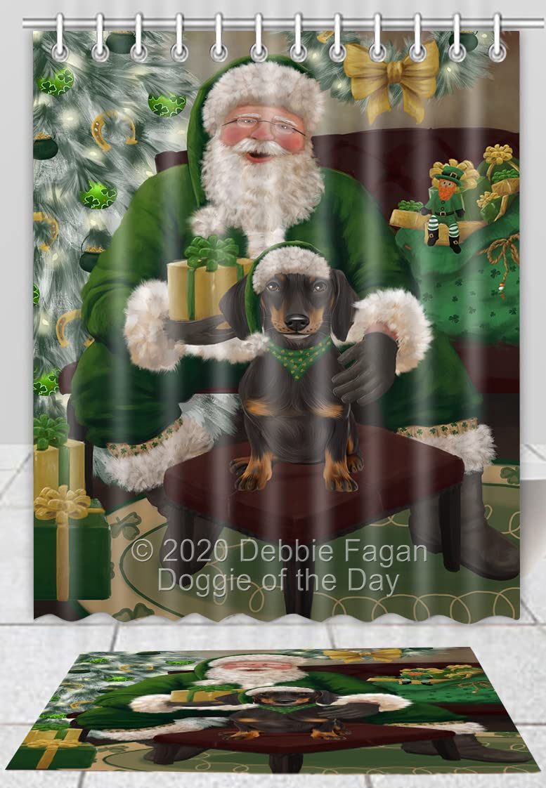Christmas Irish Santa with Dachshund Dog Shower Curtain & Bath Mat Set - Non-Slip Bathroom Decor with Hooks (16''x28'' Rug + 66