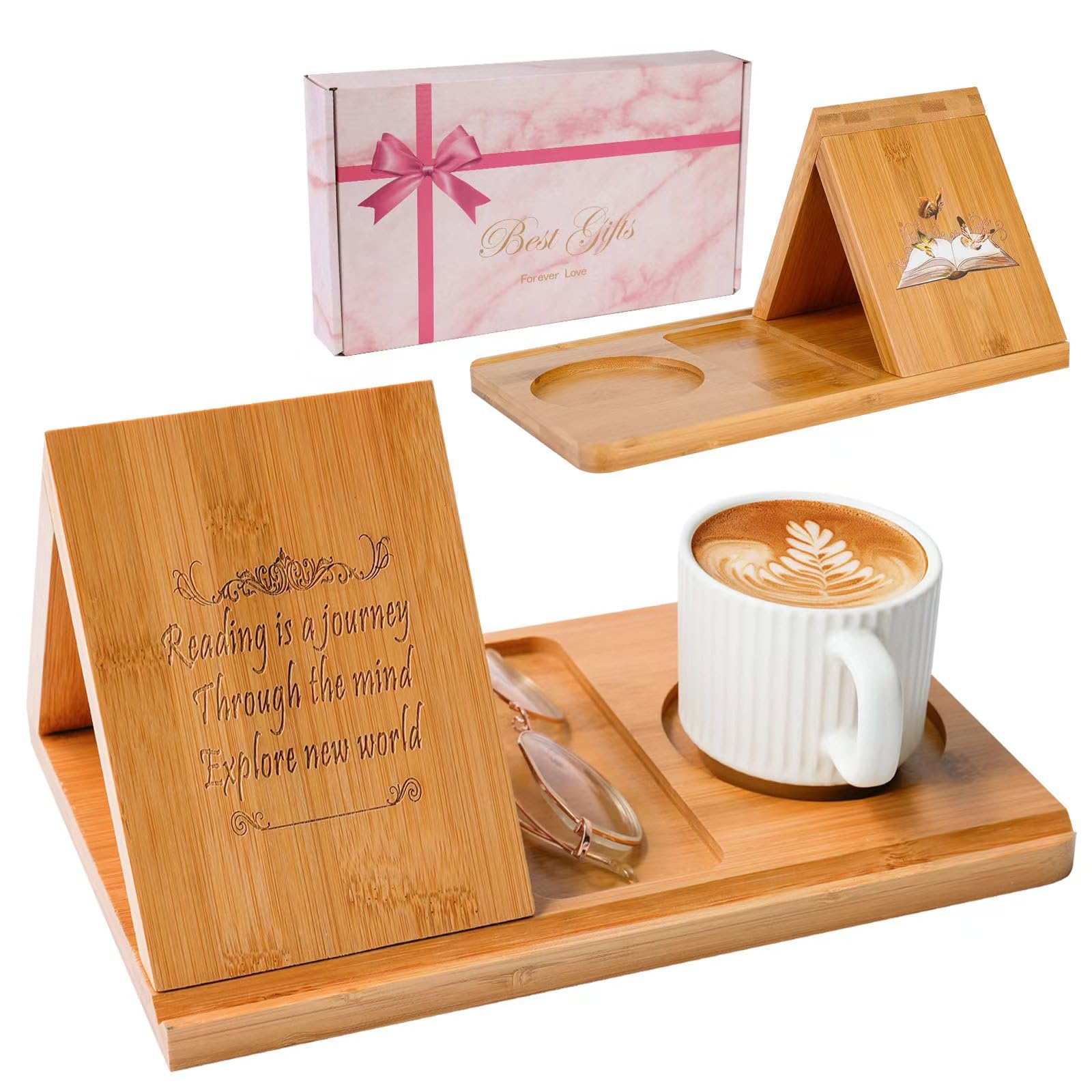 Bamboo Book Stand Holder - Adjustable Triangle Book Rest with Cup Holder & Page Clip - Perfect for Reading in Bed, Office, or Living Room - Great Gift for Book Lovers, Birthday & Father's Day