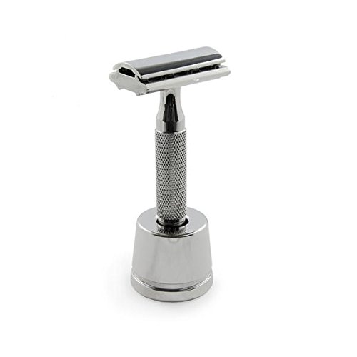 Rockwell 6C Adjustable Safety Razor & Inkwell Stand Kit - White Chrome Finish with 6 Shaving Settings | Perfect for Wet Shaving, Travel & Gift for Men