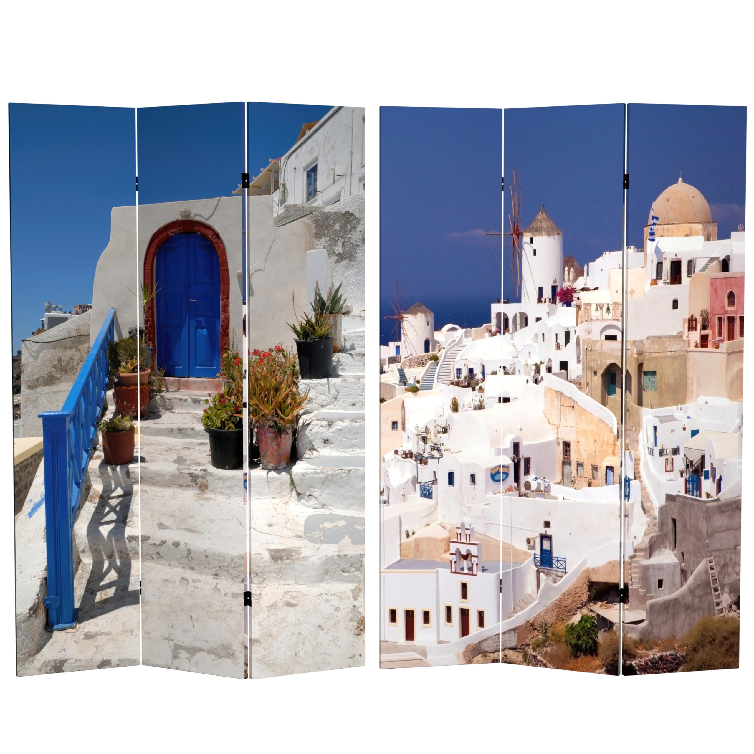 6 ft. Tall Double Sided Santorini Greece Red Lantern Room Divider - 71 Inch Height, 3 Panel Wide for Home Decor, Office Partition & Wedding Backdrop