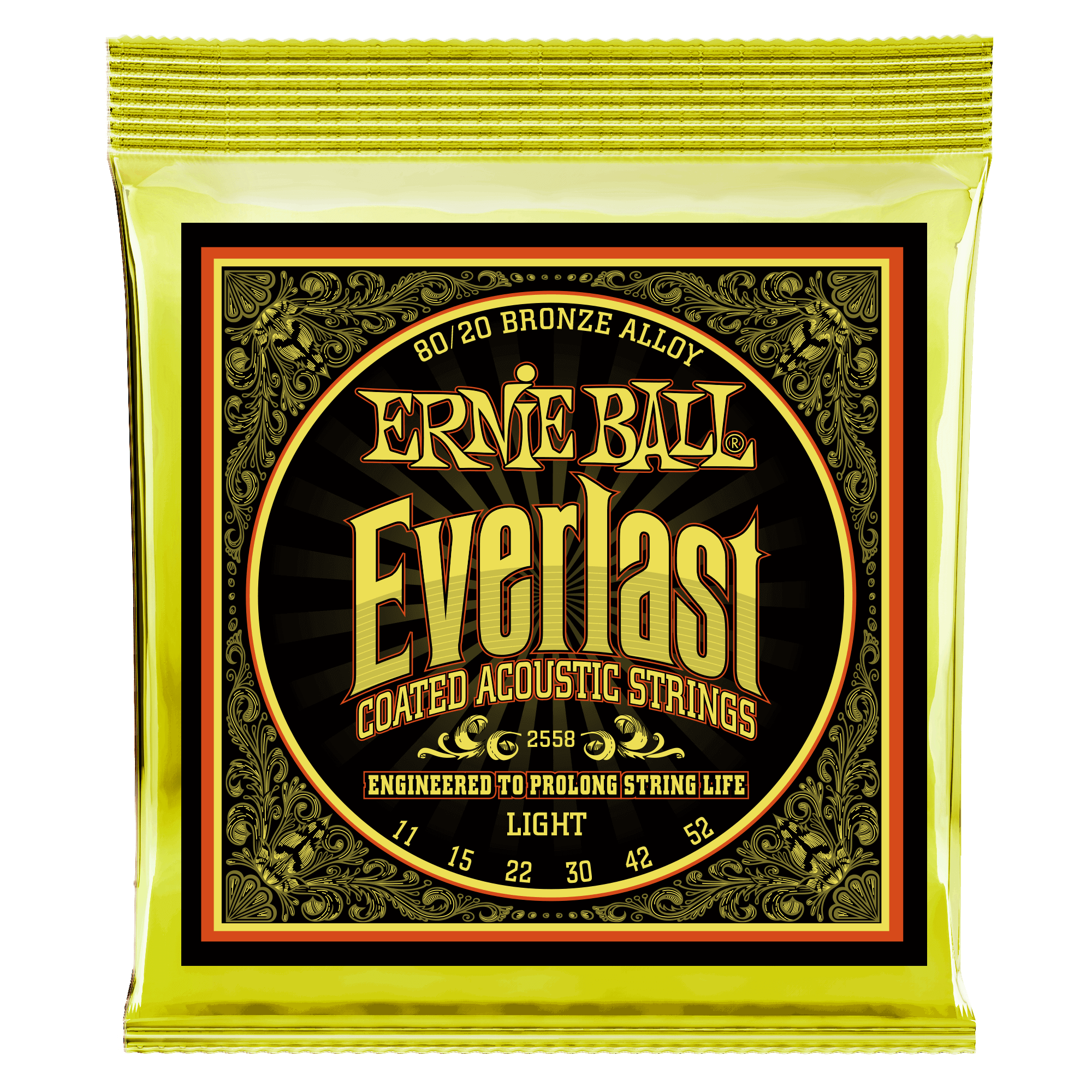 Ernie Ball Everlast Light Coated 80/20 Bronze Acoustic Guitar Strings - 11-52 Gauge | Long-Lasting Tone & Playability for Folk, Country & Fingerstyle Playing