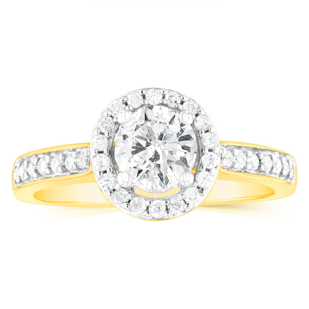 14K Yellow Gold 1 Carat Round Brilliant Cut Diamond Halo Engagement Ring with Pavé Band - Perfect for Proposals, Anniversaries & Special Occasions