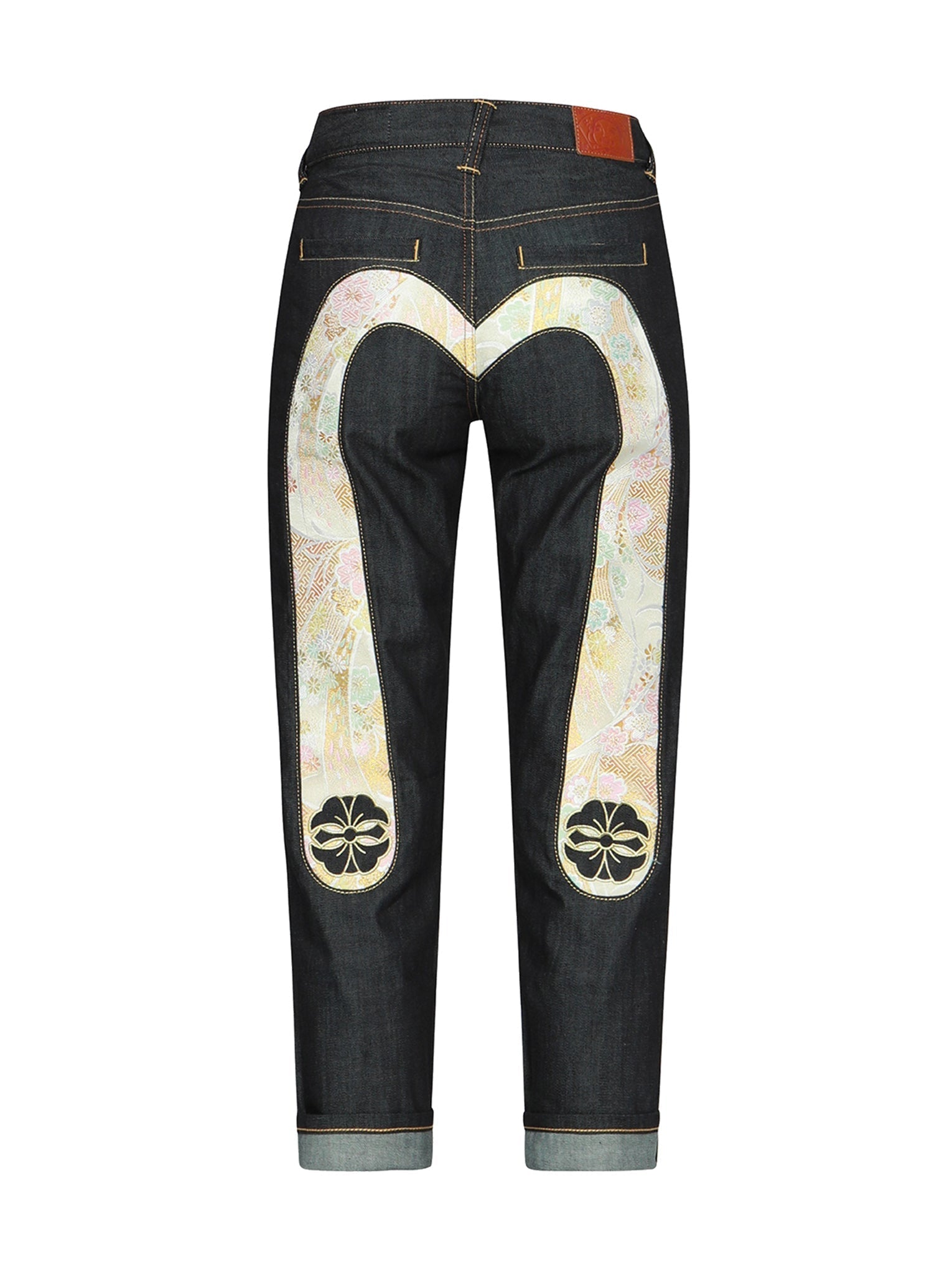 Japanese Brocade Inserted Relaxed Fit Jeans with Daicock & Kamon Design - Comfortable Casual Pants for Streetwear & Everyday Fashion