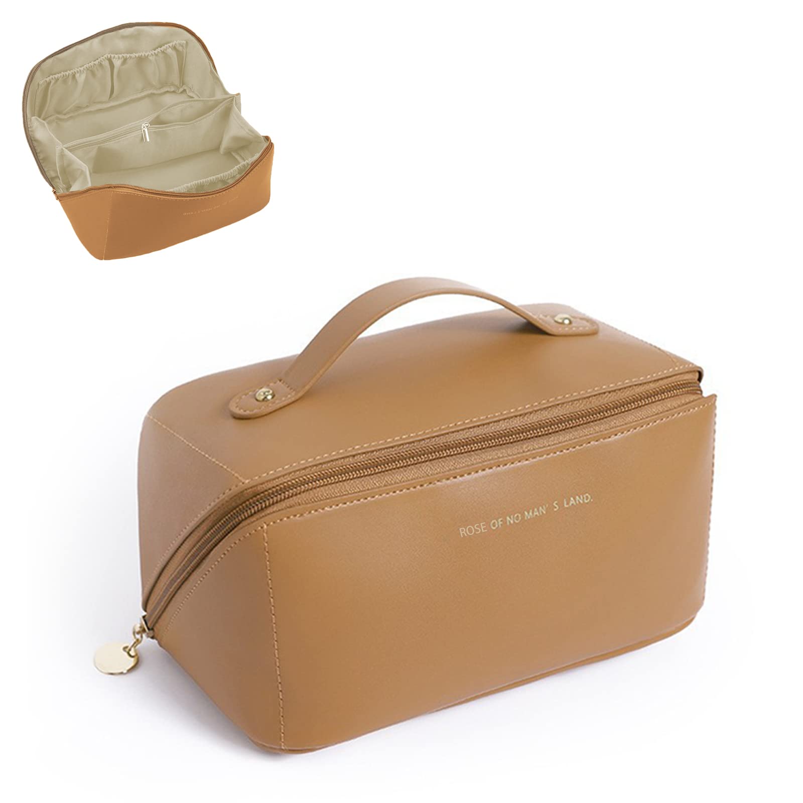 BAKLUCK Large Waterproof PU Leather Travel Makeup Bag with Compartments & Handle - Portable Cosmetic Organizer for Women, Lay Flat Design for Easy Access (Brown) | Perfect for Travel, Gym, and Daily Makeup Storage