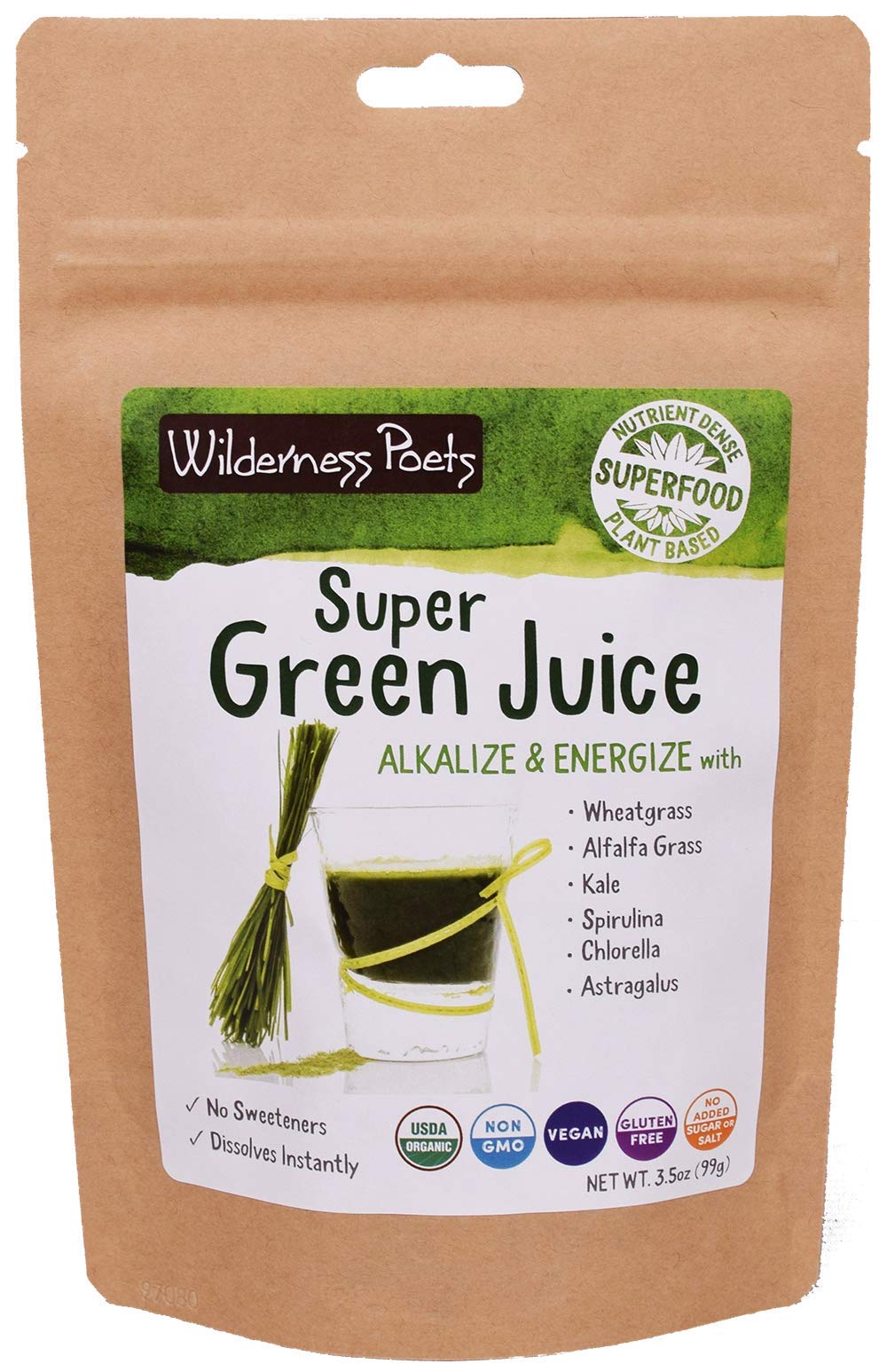 Wilderness Poets Organic Super Green Juice Powder - 3.5 oz | Spirulina, Wheatgrass & Chlorella Blend | Perfect for Smoothies, Detox & Daily Nutrition Boost