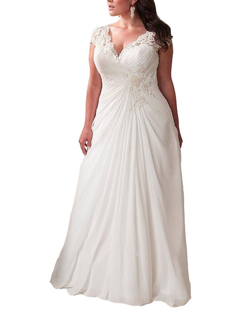 Elegant Applique Lace Wedding Dresses for Women - V Neck Plus Size Beach Bridal Gowns for Bride | Perfect for Beach Weddings, Destination Ceremonies & Romantic Photos