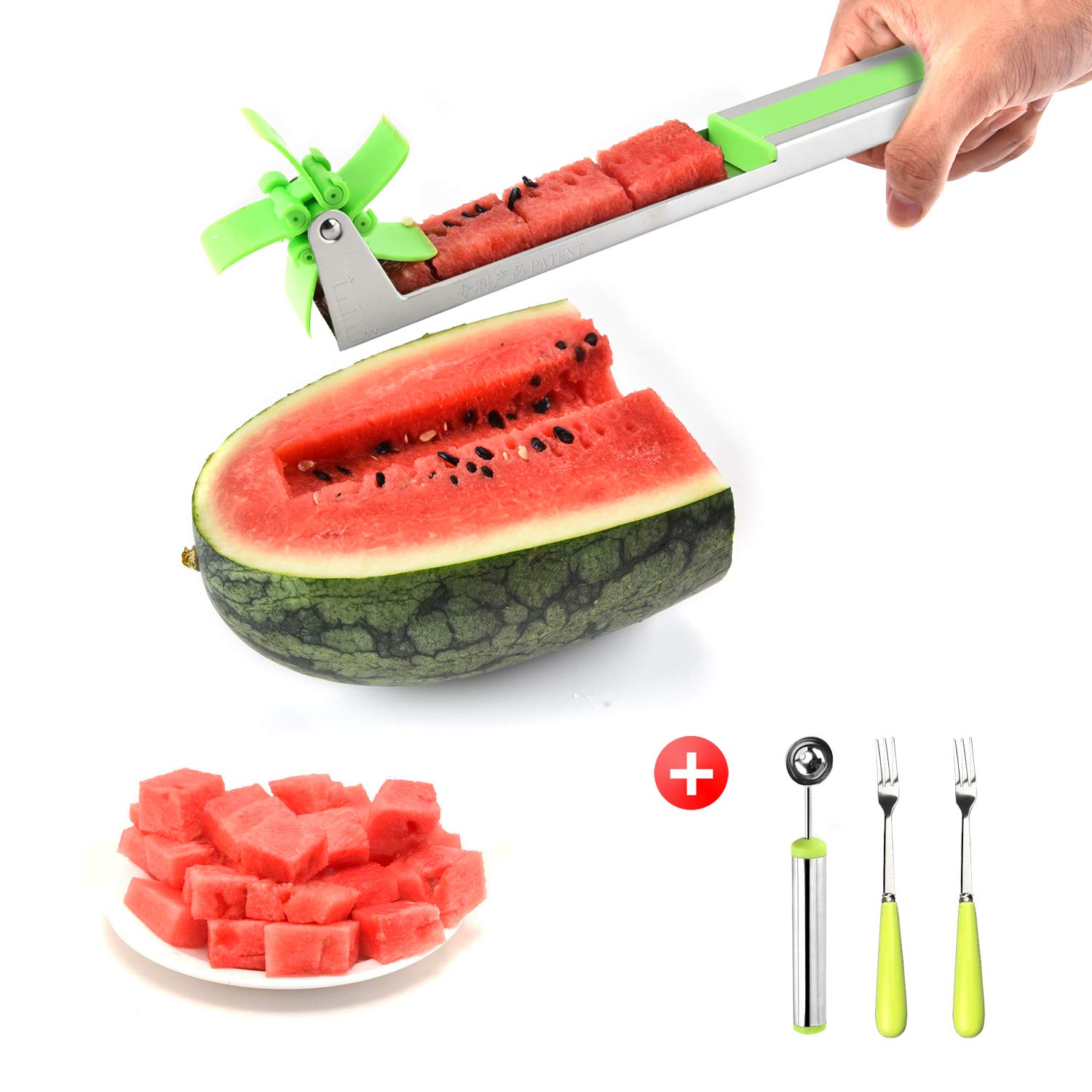 Premium Stainless Steel Watermelon Slicer & Melon Baller Set - 3-in-1 Fruit Corer, Windmill Cutter & Scoop with 2 Forks - Perfect for Summer BBQs, Picnics & Healthy Snacking