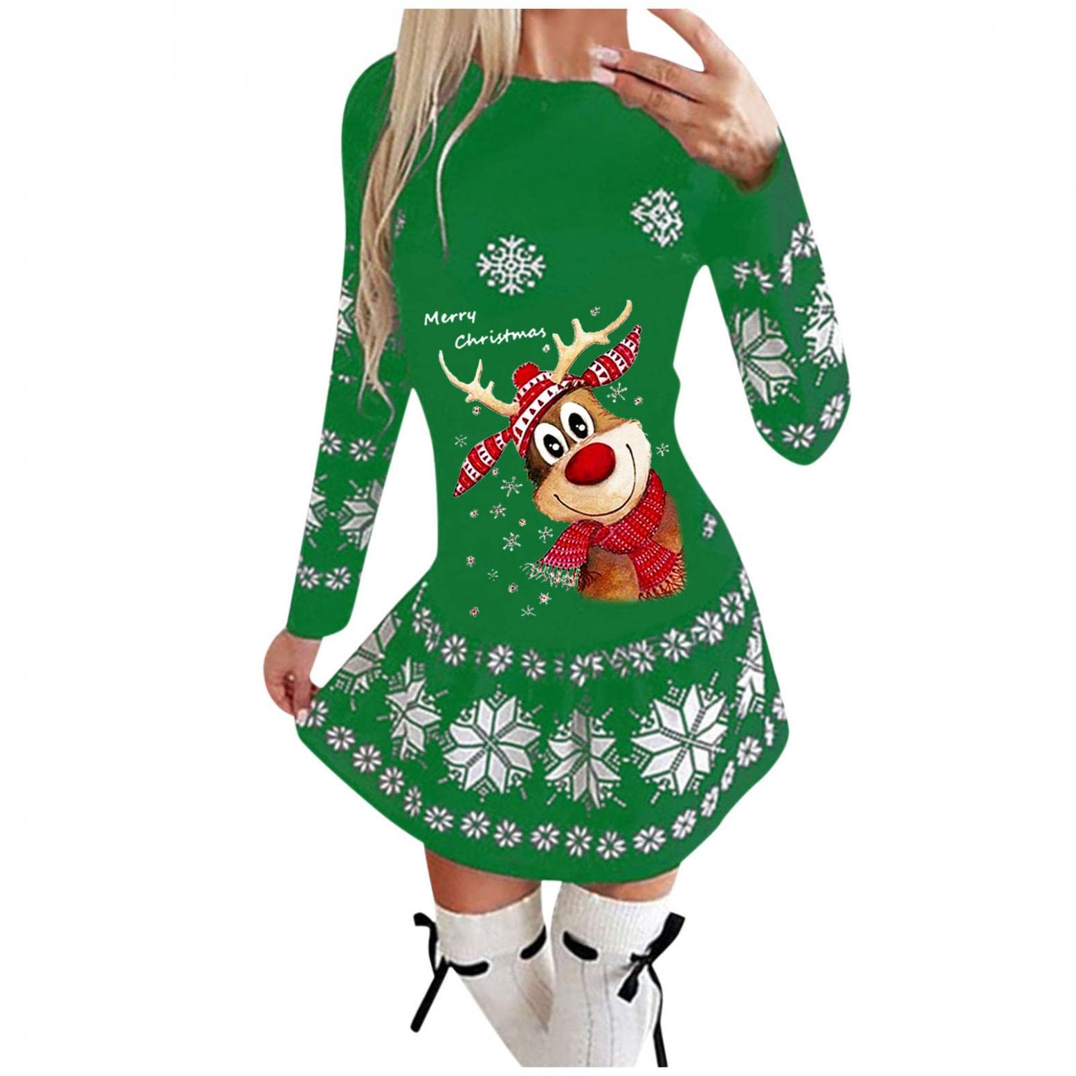 Masbird Women's Christmas Long Sleeve Sweater Dress 2021 - Plus Size Bodycon Mini Dress for Holiday Parties, Family Gatherings & Winter Celebrations