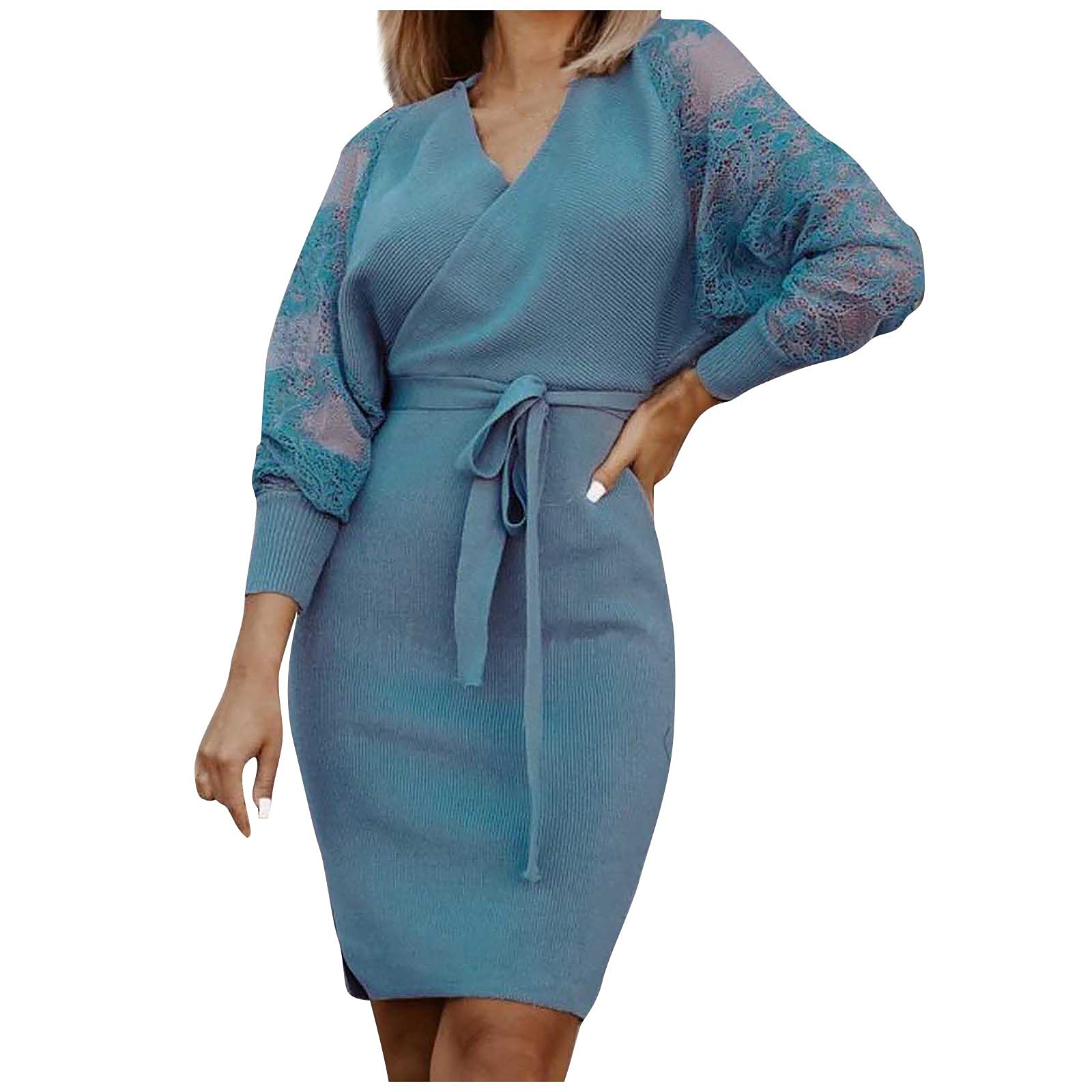 Elegant Women's Wedding Guest Dress - Pure Color V-Neck Bandage Lace Patchwork Long Sleeve Evening Gown for Bridal Shower, Cocktail Party & Formal Events