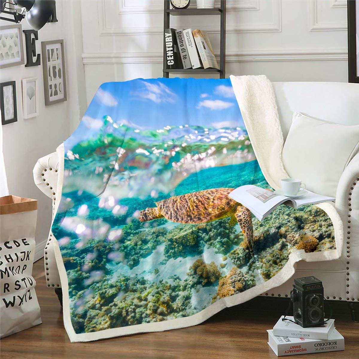 3D Sea Turtle Fleece Throw Blanket - Soft Sherpa & Plush Reversible Blanket 60