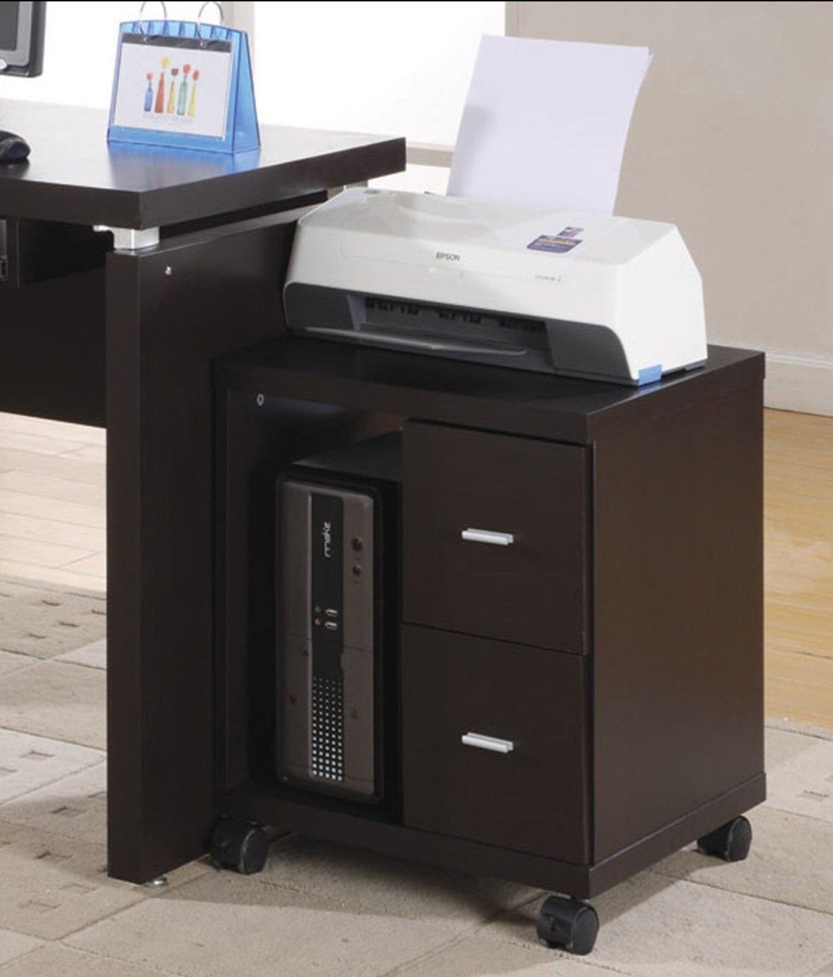 Rolling Cappuccino Office Cabinet with 2 Drawers - Mobile Storage Solution for Home Office, Classroom, or Workspace Organization