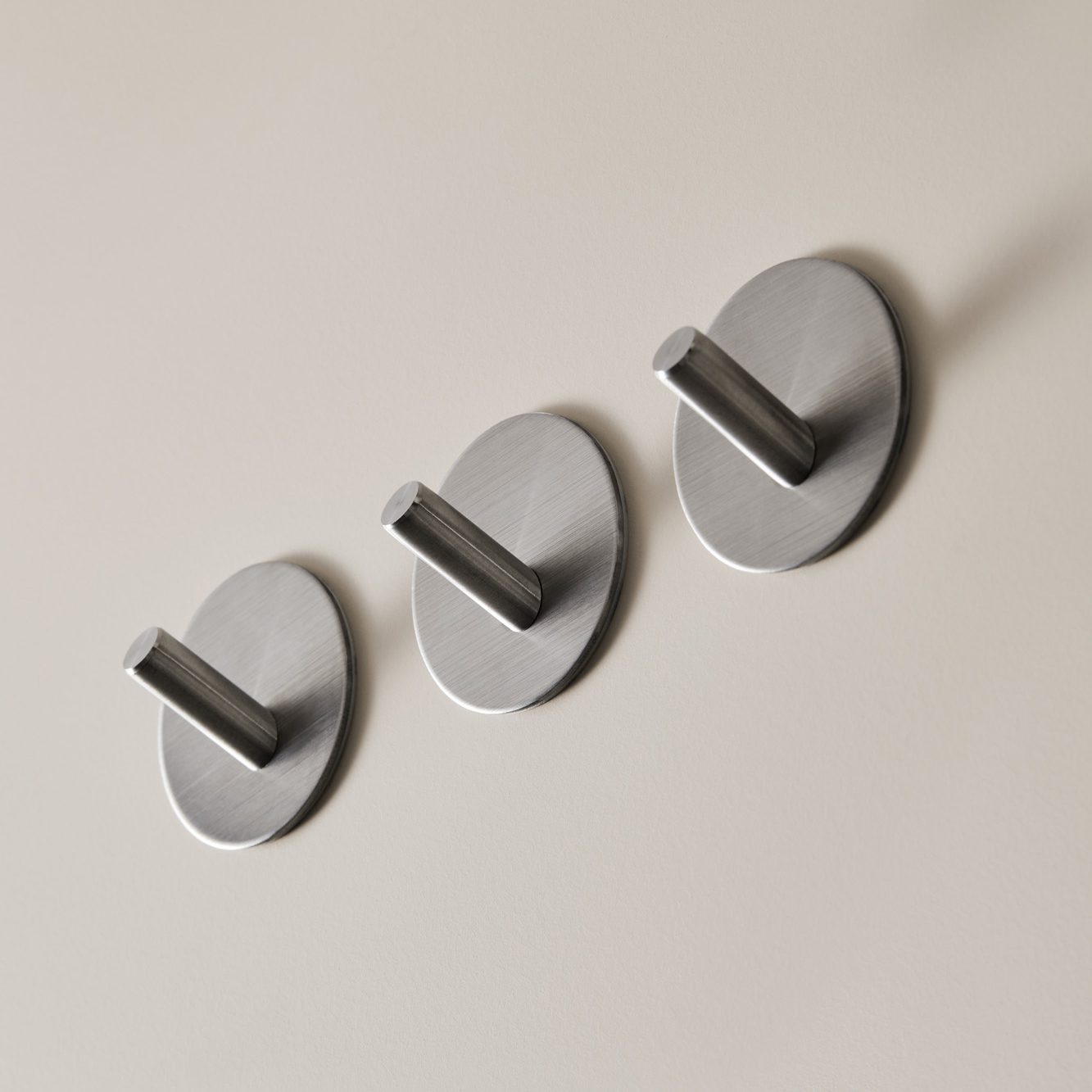 DESIGNSTUFF Self-Adhesive Hooks, Brushed Silver (3-Pack) - Perfect for Hanging Towels, Keys & Decor in Bathroom, Kitchen & Entryway