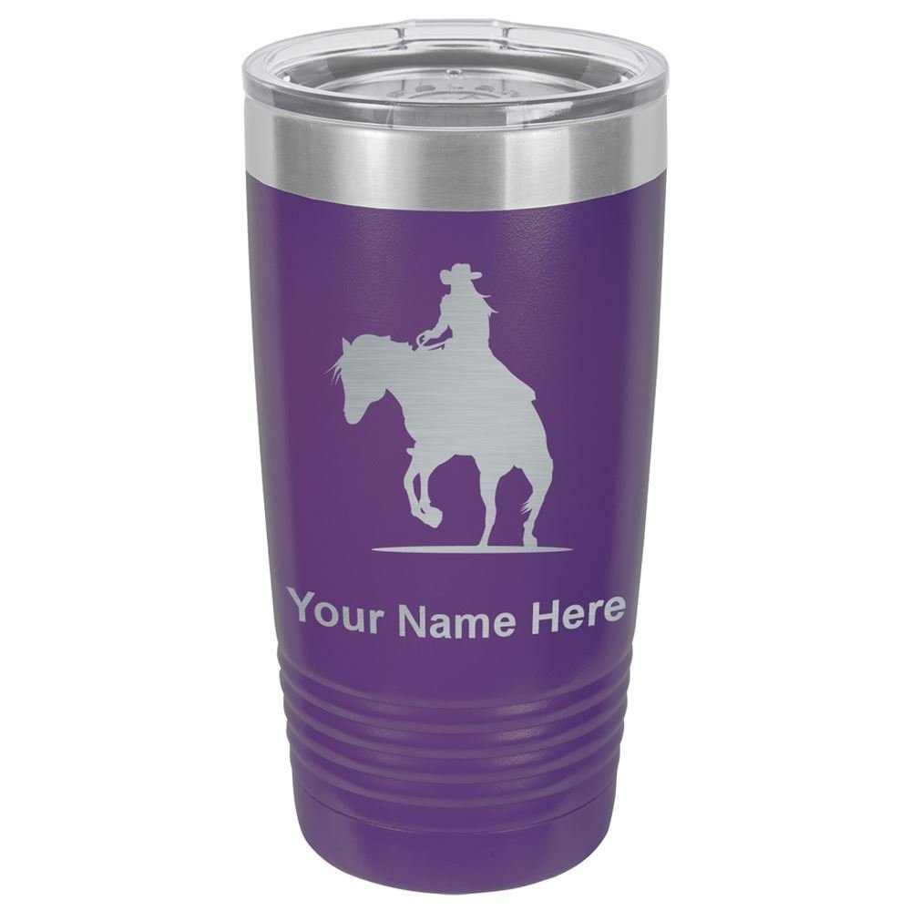 LaserGram 20oz Vacuum Insulated Stainless Steel Tumbler with Cowgirl Riding Horse Design - Personalized Engraved Dark Purple Travel Mug for Coffee, Tea & Cold Drinks - Perfect for Office, Gym, Camping & Outdoor Adventures