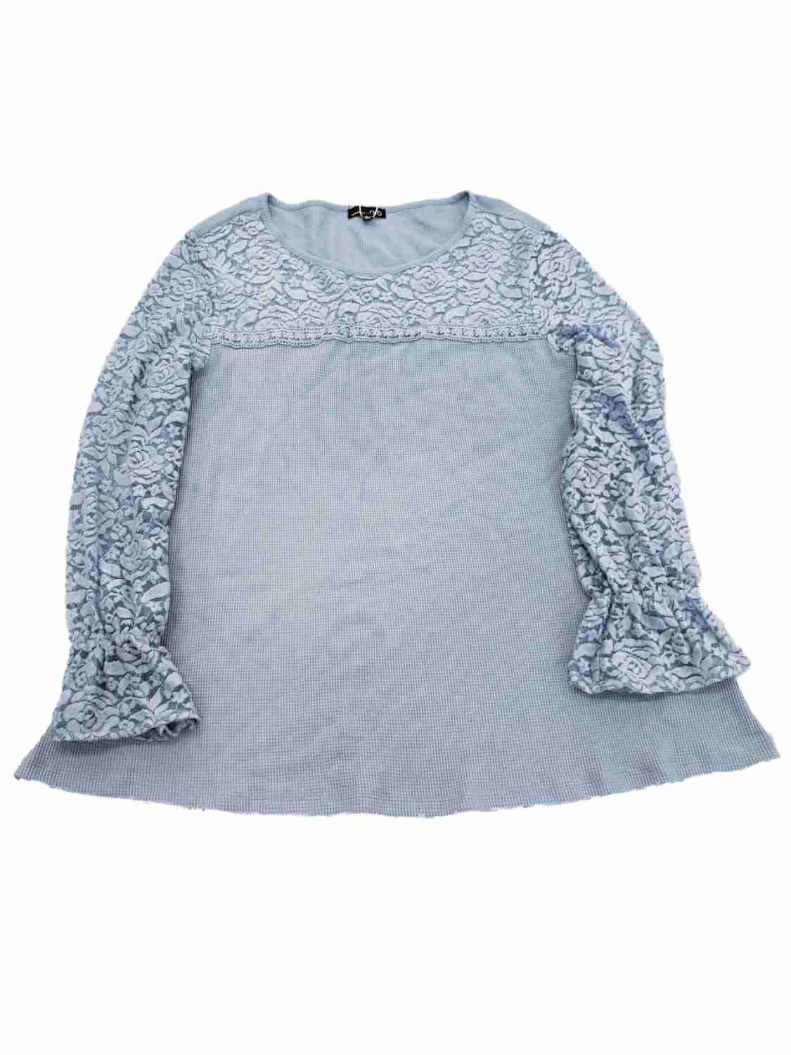 Plus Size Light Blue Cotton & Lace Henley Shirt for Women - Long Sleeve Comfort Top XL - Perfect for Casual Wear, Office Outfits & Fall Layering