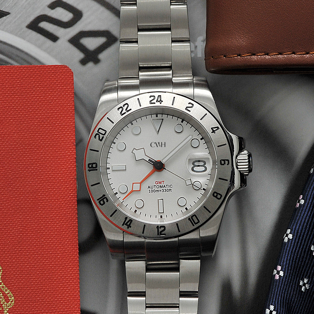 Arctic Glacier CWH Collective GMT Date Display Silver Stainless Steel Men's Automatic Watch - Luxury Diver Style for Business, Travel & Everyday Wear - Model CH MOD M13