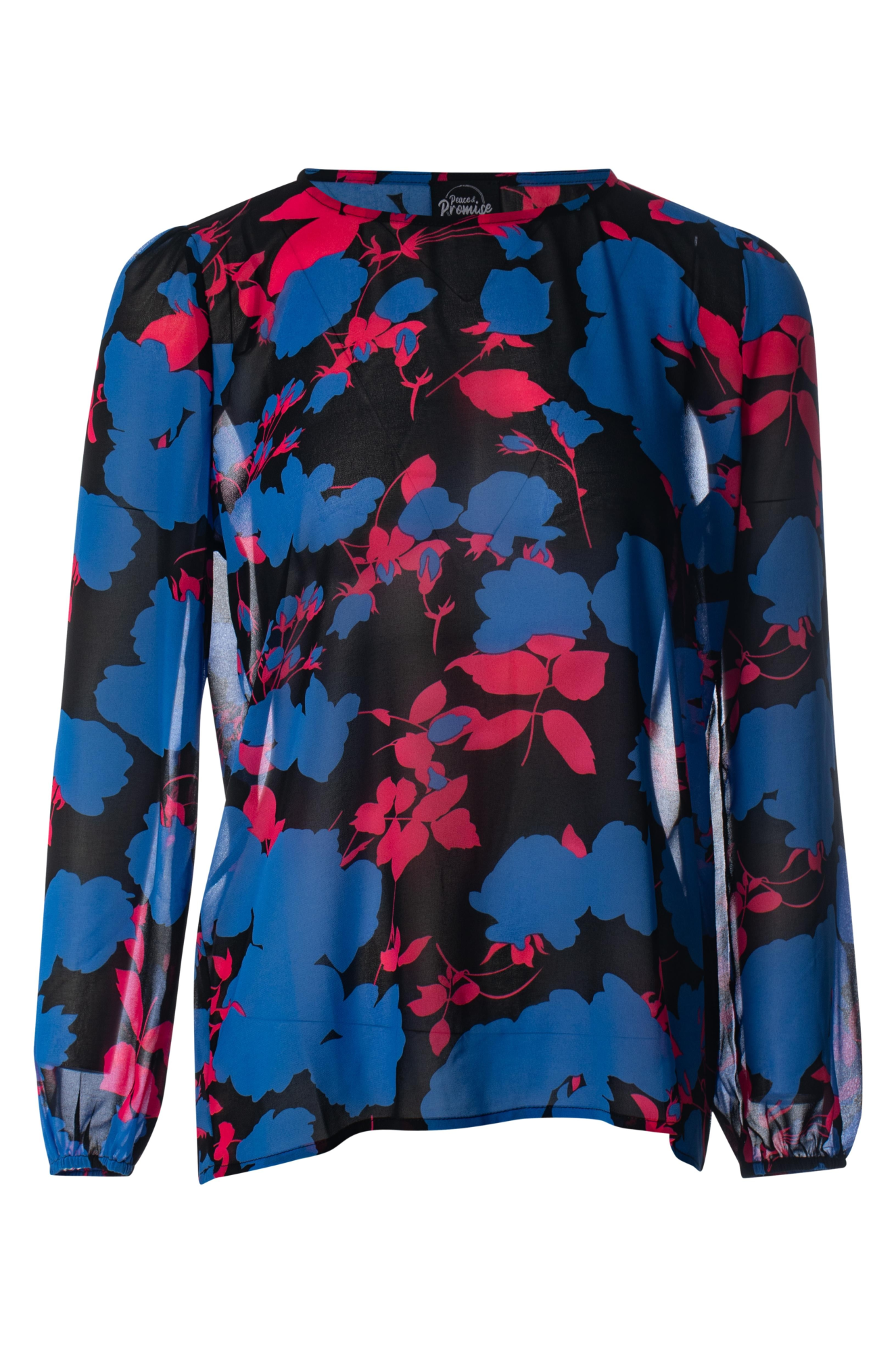 Floral Printed Chiffon Blouse - Cerise & Cobalt Blue Flower Design | Women's Fashion Tops for Casual Wear, Office & Party Outfits