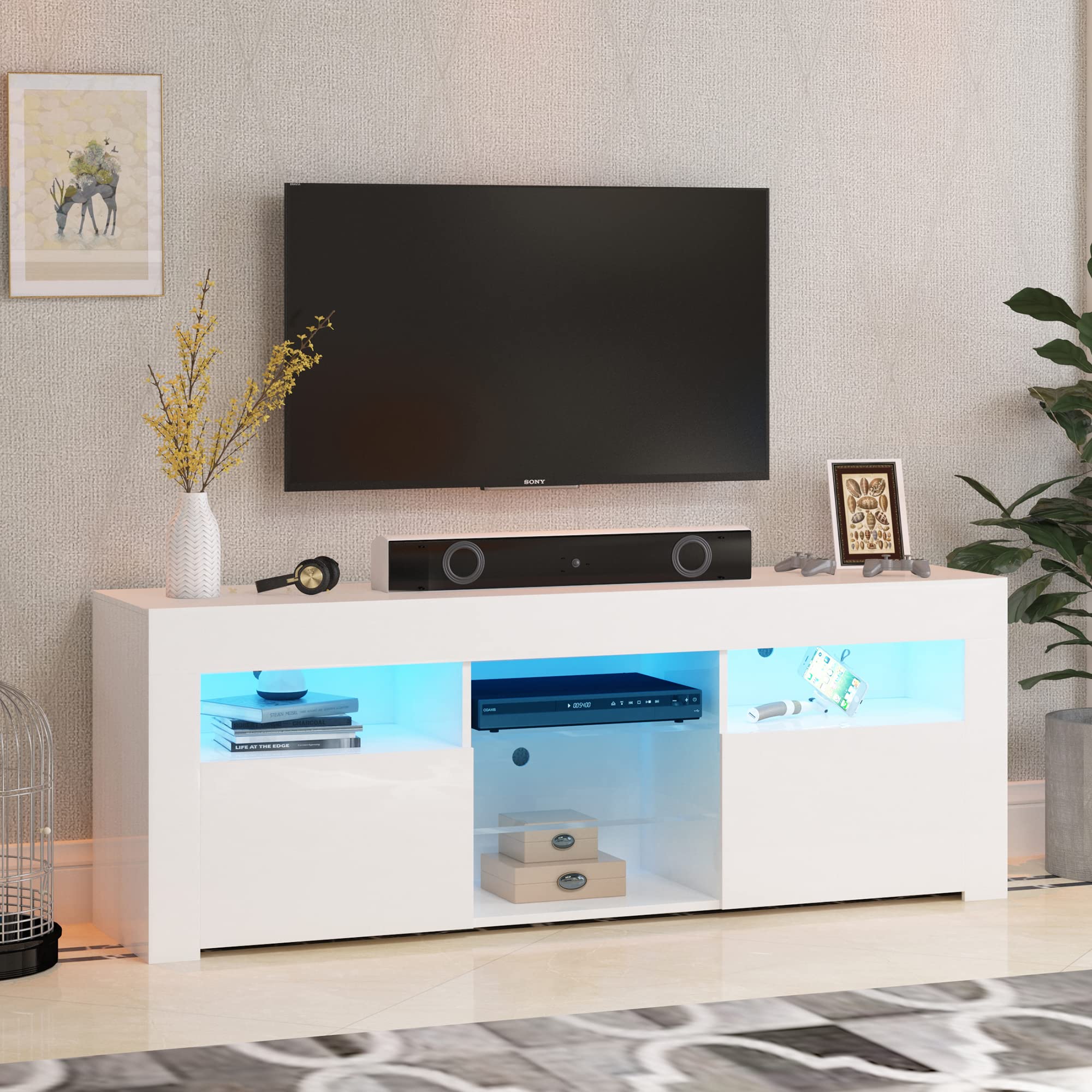 JOYSOURCE 55-65 Inch White High Gloss LED TV Stand with RGB Lighting - Modern Wooden Entertainment Center Console Table for Living Room, Gaming & Movie Nights - Perfect for Home Theater Setup and Stylish Living Room Decor