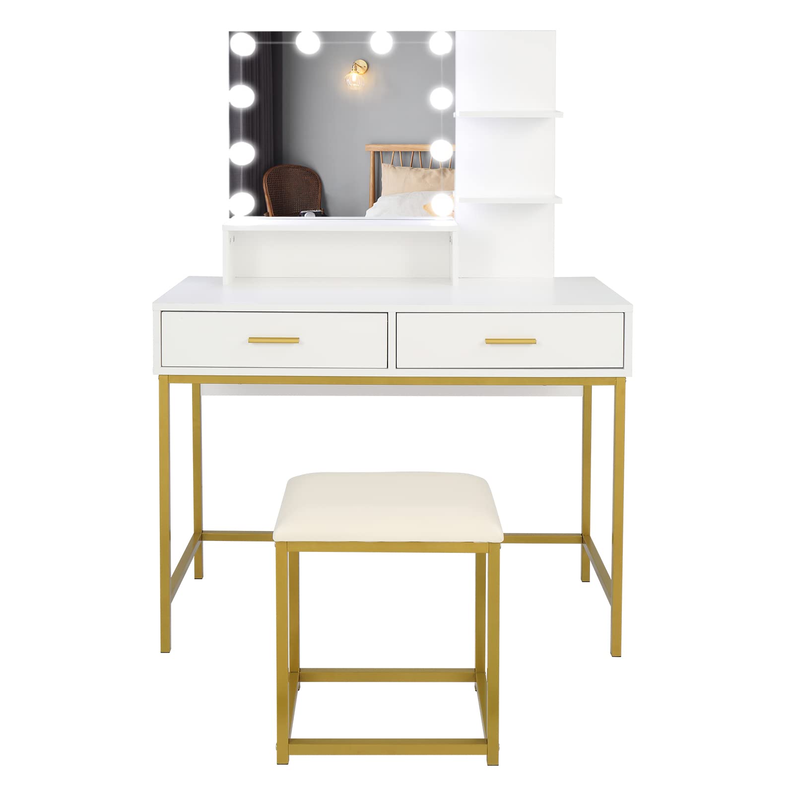 Uhitmi Large Vanity Set with 10 LED Bulbs - Makeup Dressing Table with Cushioned Stool, 3 Storage Shelves & 2 Drawers - Elegant White Dresser Desk for Women & Girls - Perfect for Bedroom, Dorm, or Home Beauty Station