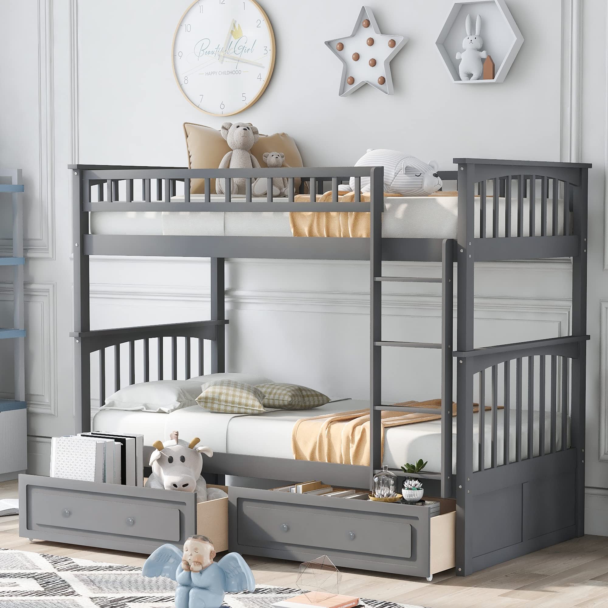 Twin Over Twin Bunk Bed with Storage & Safety Rail - Convertible Kids Bed for Small Spaces